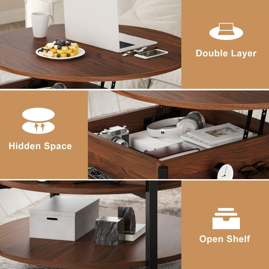 FABATO Round Lift Top Coffee Table with Storage and Hidden Compartment, 26.77'' Farmhouse Coffee Table for Living Room Reception Room, 2 Tier Small Round Coffee Table Circle Dining Table, Espresso