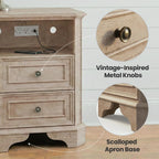 24" Greige Oak Nightstand with Charging Station, Set of 2 Rustic Farmhouse Bedside Table with 2 Drawers and Open Shelf, Distressed Wood End Table with Outlets and USB Ports