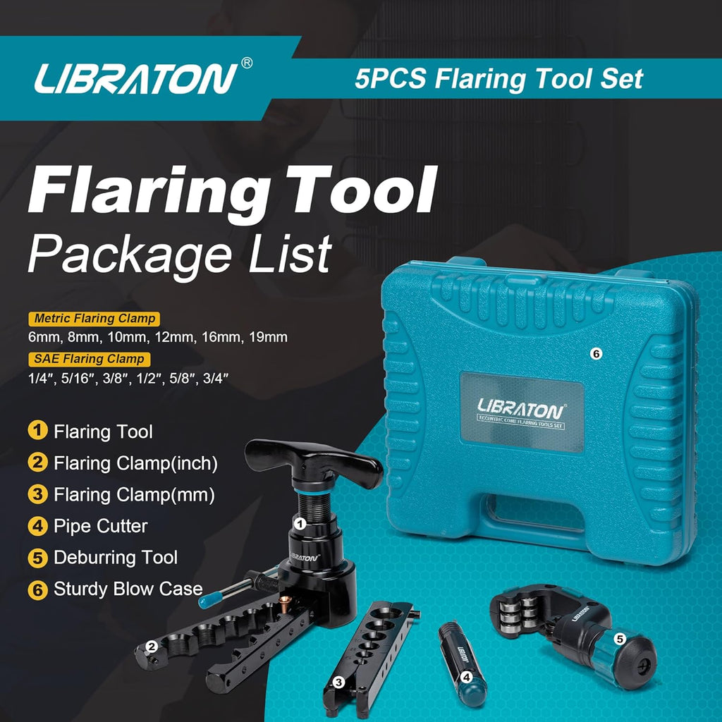 LIBRATON Flaring Tool, HVAC Flaring Tool Kit, Copper Flaring Tool, 45° Eccentric Single Flare Tool for 1/4''-3/4'' and 6-19mm with Pipe Cutter, Deburring Tool for Copper Aluminum Pipe
