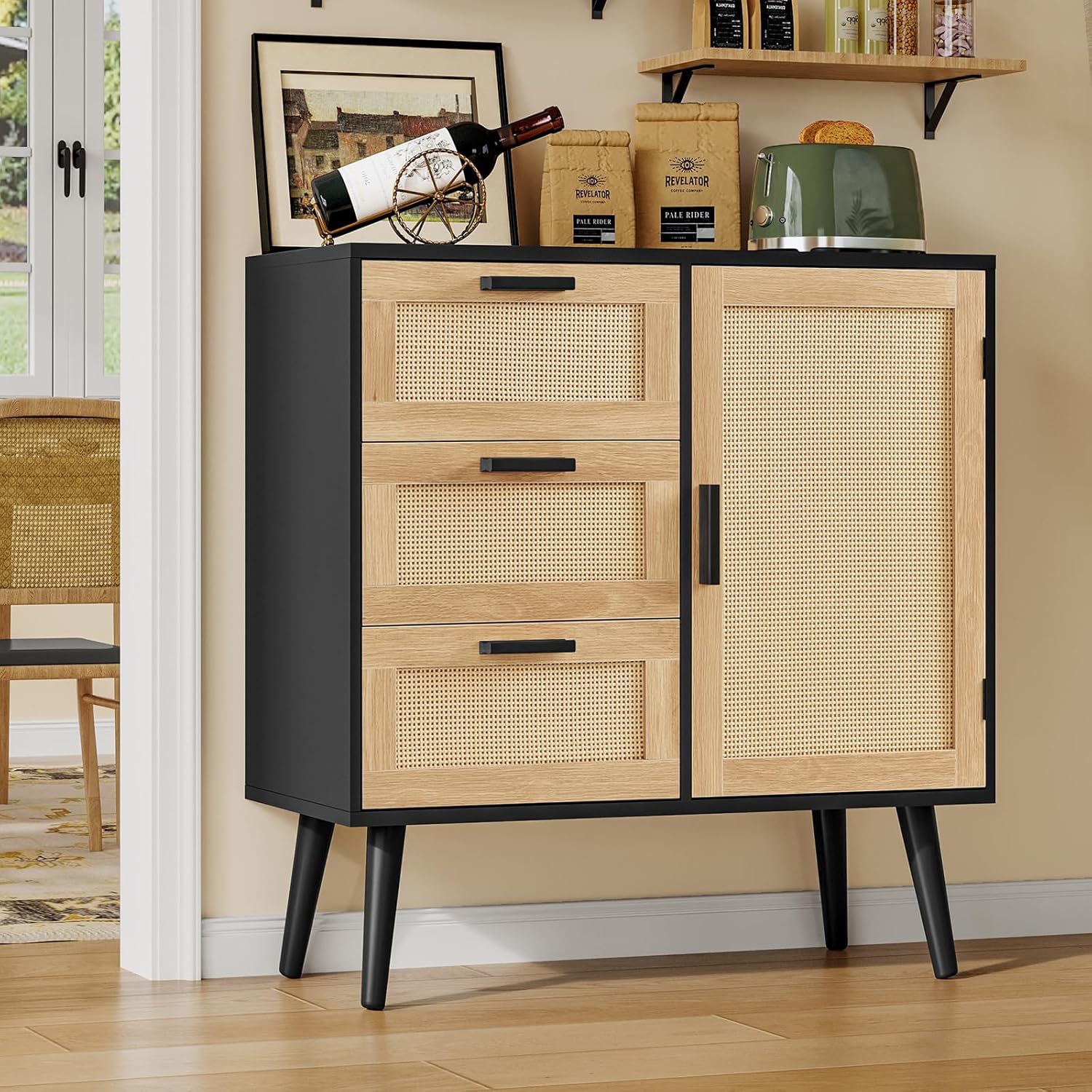 Iwell Storage Cabinet with Rattan Door & 3 Drawers, Rattan Cabinet with Adjustable Shelf, Sideboard Buffet Cabinets with Storage, Entryway Cabinets, for Living Room, Dining Room, Entryway, Black
