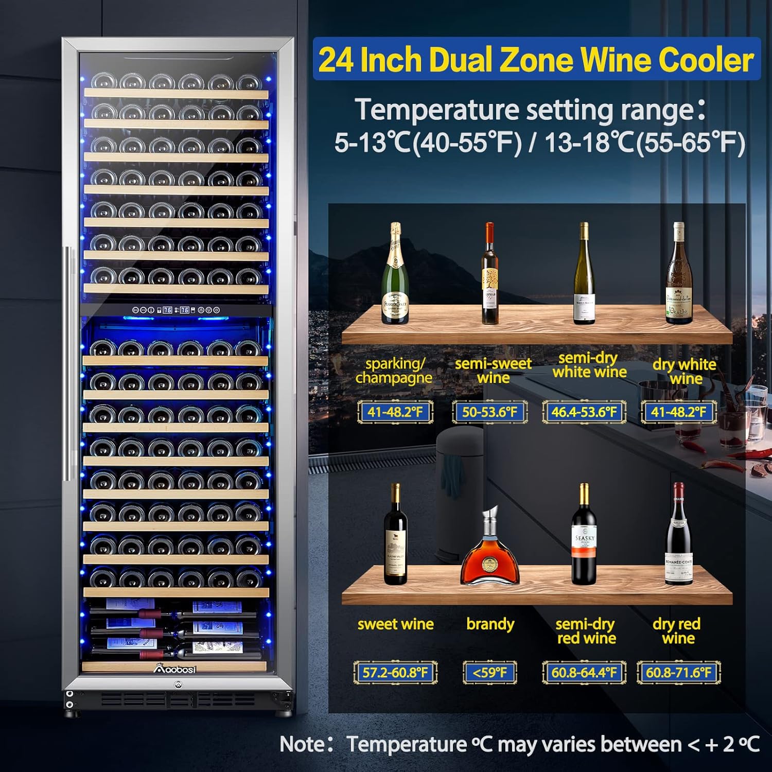 AAOBOSI Wine Cooler Refridgerator 24 Inch, 176 Bottles Dual Zone Wine Fridge with Double-Layer Tempered Glass Door and Temperature Memory Fuction,Built-in or Freestanding.