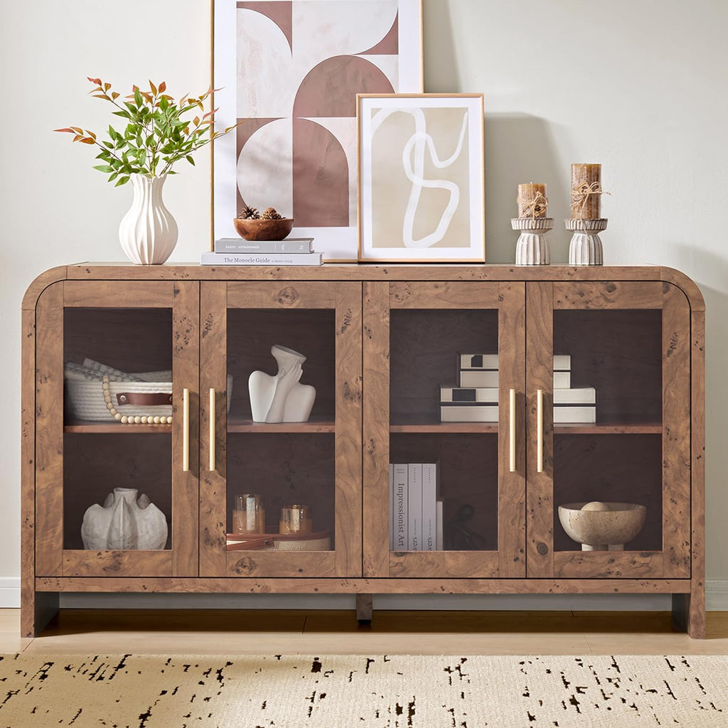 Sideboard Buffet Cabinet Unique Curved Large Credenza Storage Cabinet with 4 Glass Doors, FSC-Certified Wooden Board Console Cabinet, Kitchen Coffee Bar Cabinet for Living Room, Hallway
