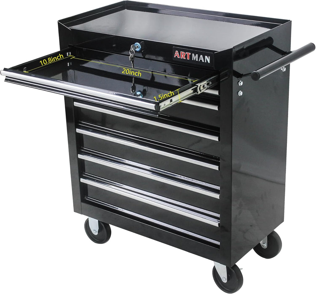 7-Drawer Rolling Tool Chest Cabinet, Large Capacity Metal Tool Box with Wheels and Keyed Locking, Roll Around Storage Organizer Tool Cart for Garage, Warehouse, Work Shop (Black04)