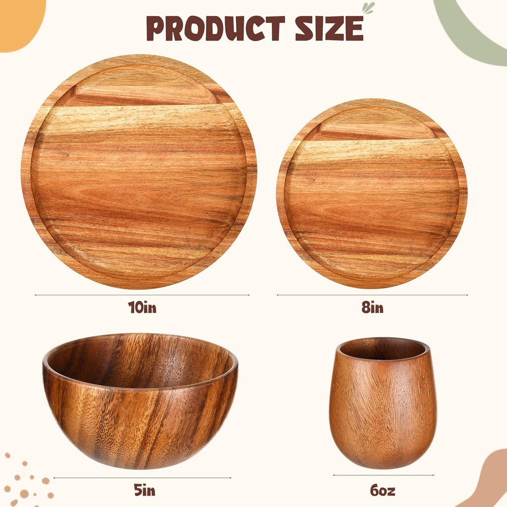 Maxdot 16 Pcs Acacia Wood Dinnerware Set, Round Wooden Plates,Solid Wooden Bowls and Tea Cups, Acacia Wood Tableware Supplies, Easy Cleaning & Lightweight for Dishes Snack, Dessert, Set for 4
