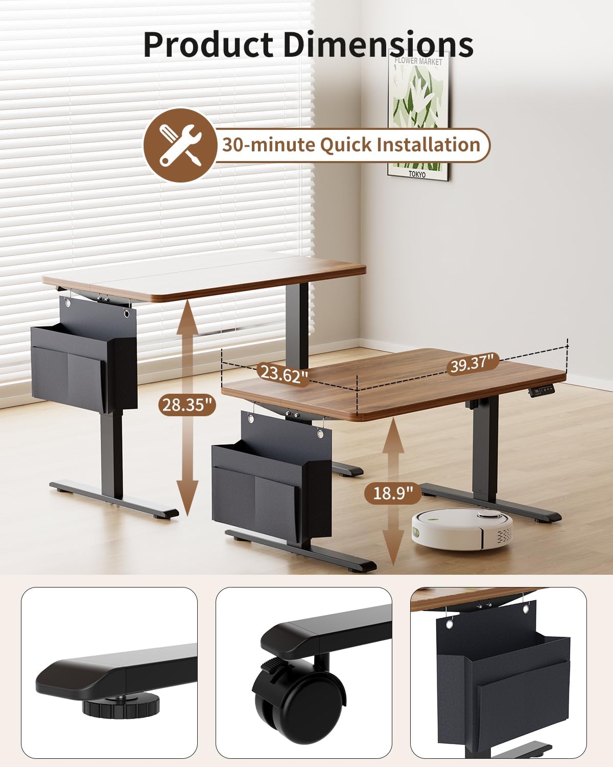 Coffee Table, Height Adjustable Electric Coffee Table with Storage Bag Lift Tabletop Dining Table Office Table with Lockable Wheels for Living Room (Dark Walnut Look, 40 x 24 Inches)