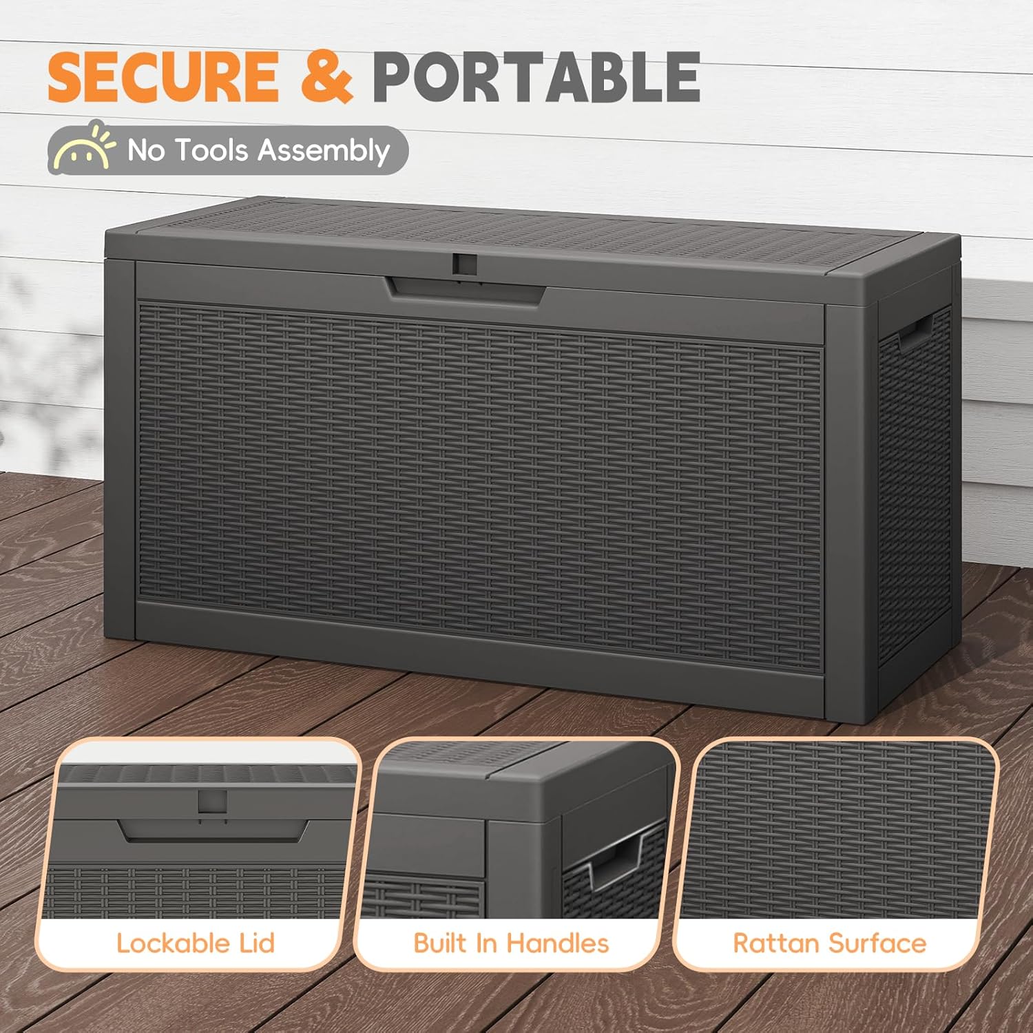 LubanNese Outdoor Storage Box, Waterproof Deck Box, Outdoor Patio Storage Bin, Weatherproof (Black, 66 Gallon)