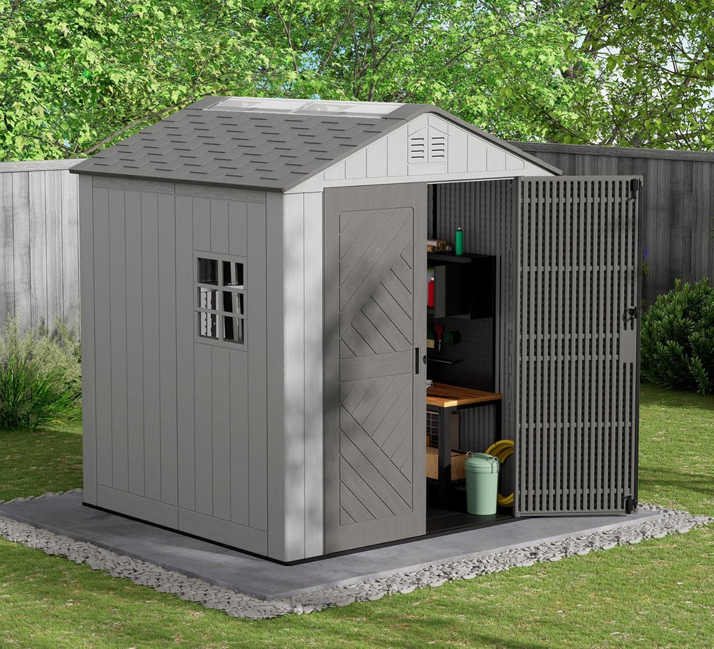 HOMSPARK Outdoor Storage Shed 6x6 Ft  All-Weather Resistant Resin Garden Sheds & Outdoor Storage Clearance with Floor & Windows  Double-Layer Plastic Tool Sheds for Patio  Garden & Lawn (Grey)