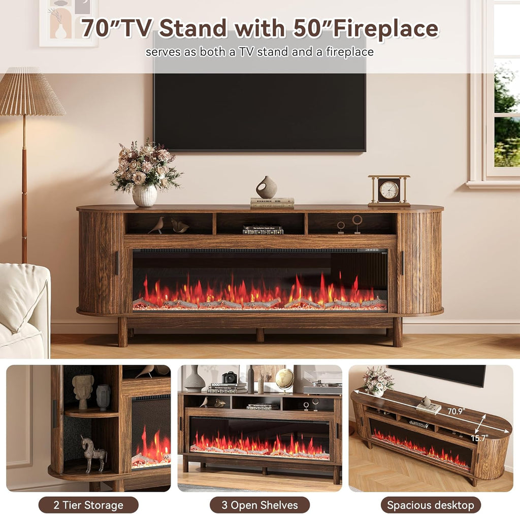 70" Farmhouse TV Stand with 50" Fireplace for TVs up to 85" 80" 75" 70" 65", Media Entertainment Center with Large Storage Cabinet,Sliding Doors for Living Room, Walnut