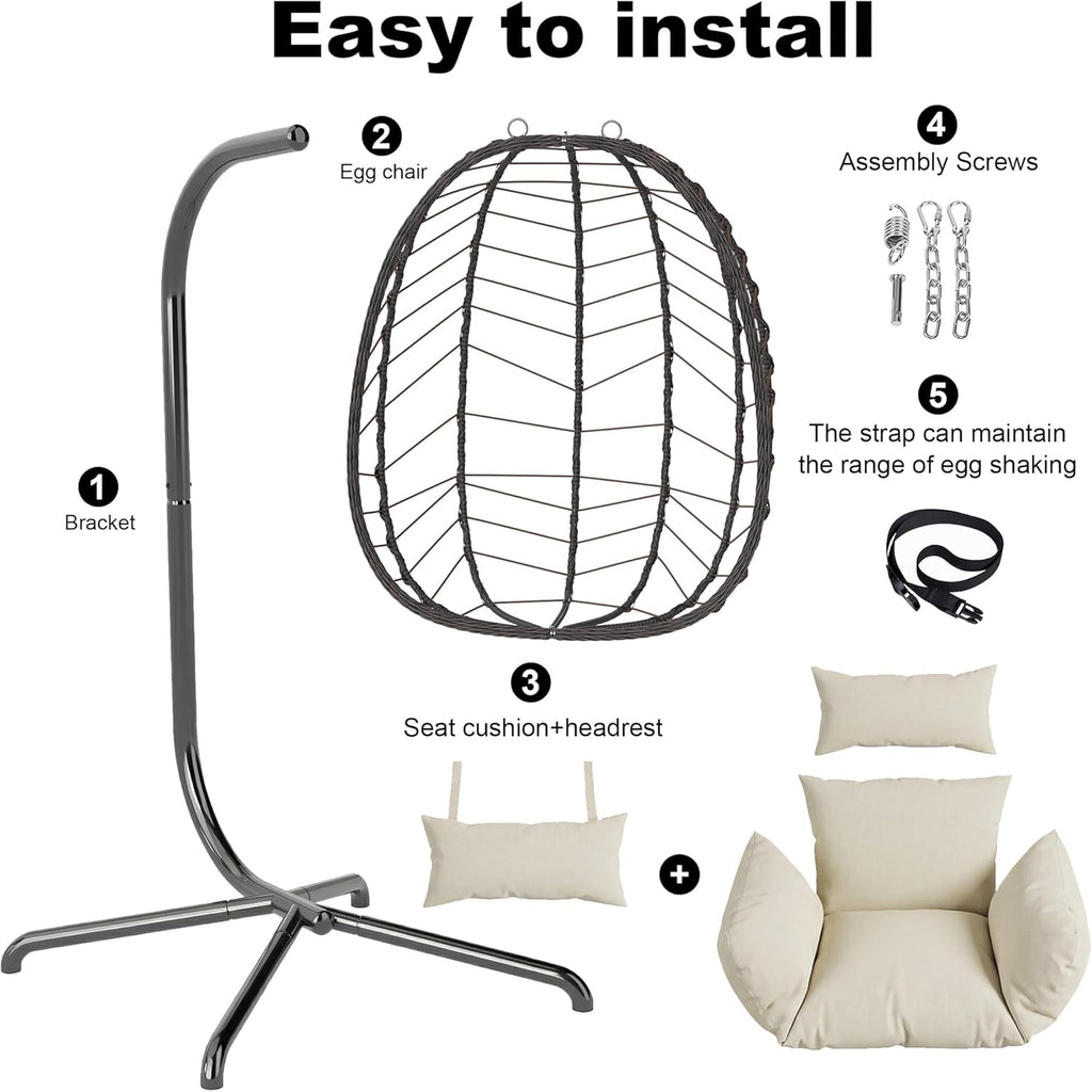 LEX CRAFT Hanging Egg Chair with Stand, Swinging Egg Chair Outdoor Indoor, Hanging Basket Chair with Cushion, Patio Wicker Hammock Chair 350lbs Capacity for Porch, Balcony, Backyard, Garden (Beige1)