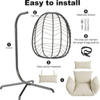 LEX CRAFT Hanging Egg Chair with Stand, Swinging Egg Chair Outdoor Indoor, Hanging Basket Chair with Cushion, Patio Wicker Hammock Chair 350lbs Capacity for Porch, Balcony, Backyard, Garden (Beige1)