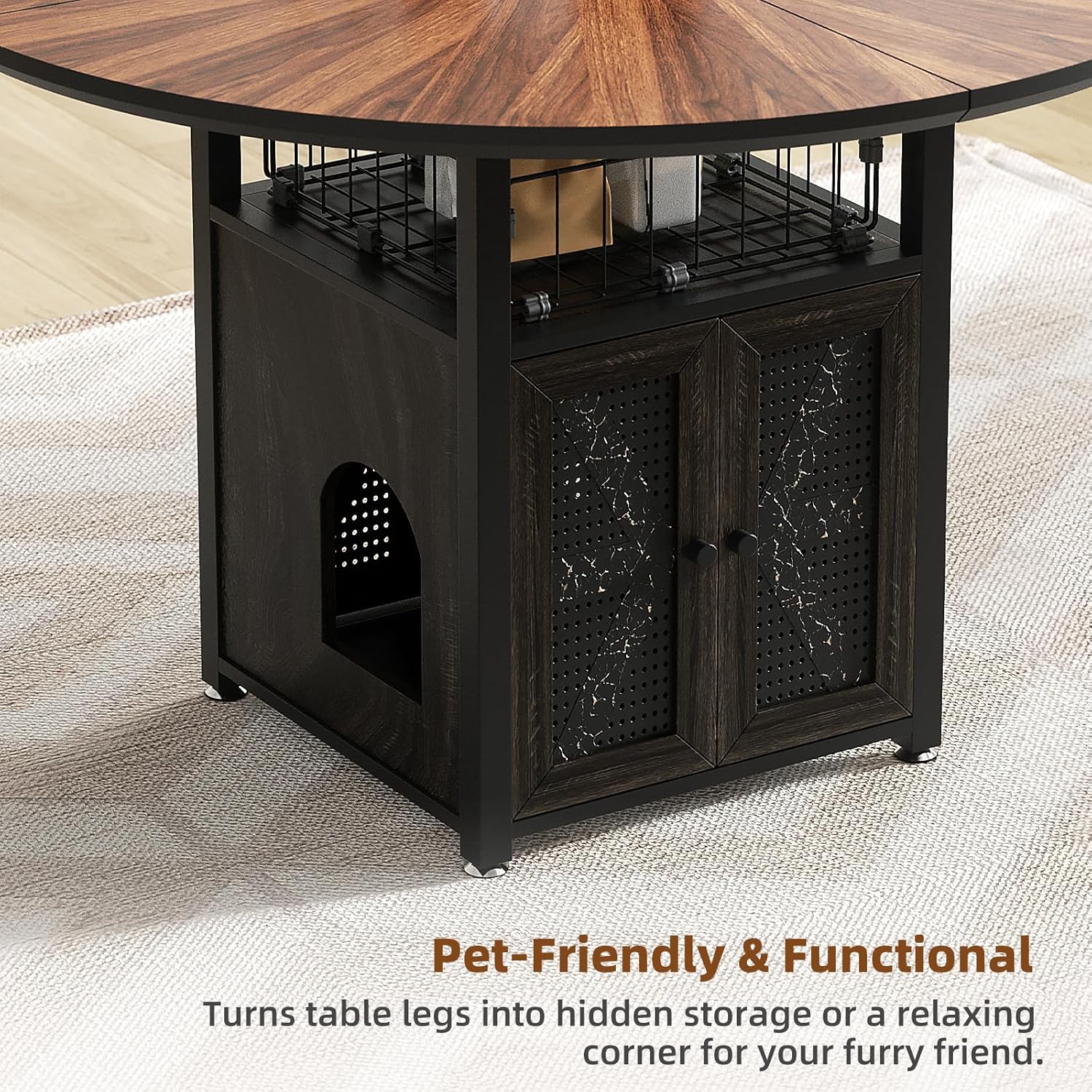 47" Round Dining Table Set for 4-6 People, Large Farmhouse Kitchen Dining Table Set with Chairs and Storage Rack, Metal Base Round Table for Home Dining Room Living Room (Cat table and 4 black chairs)
