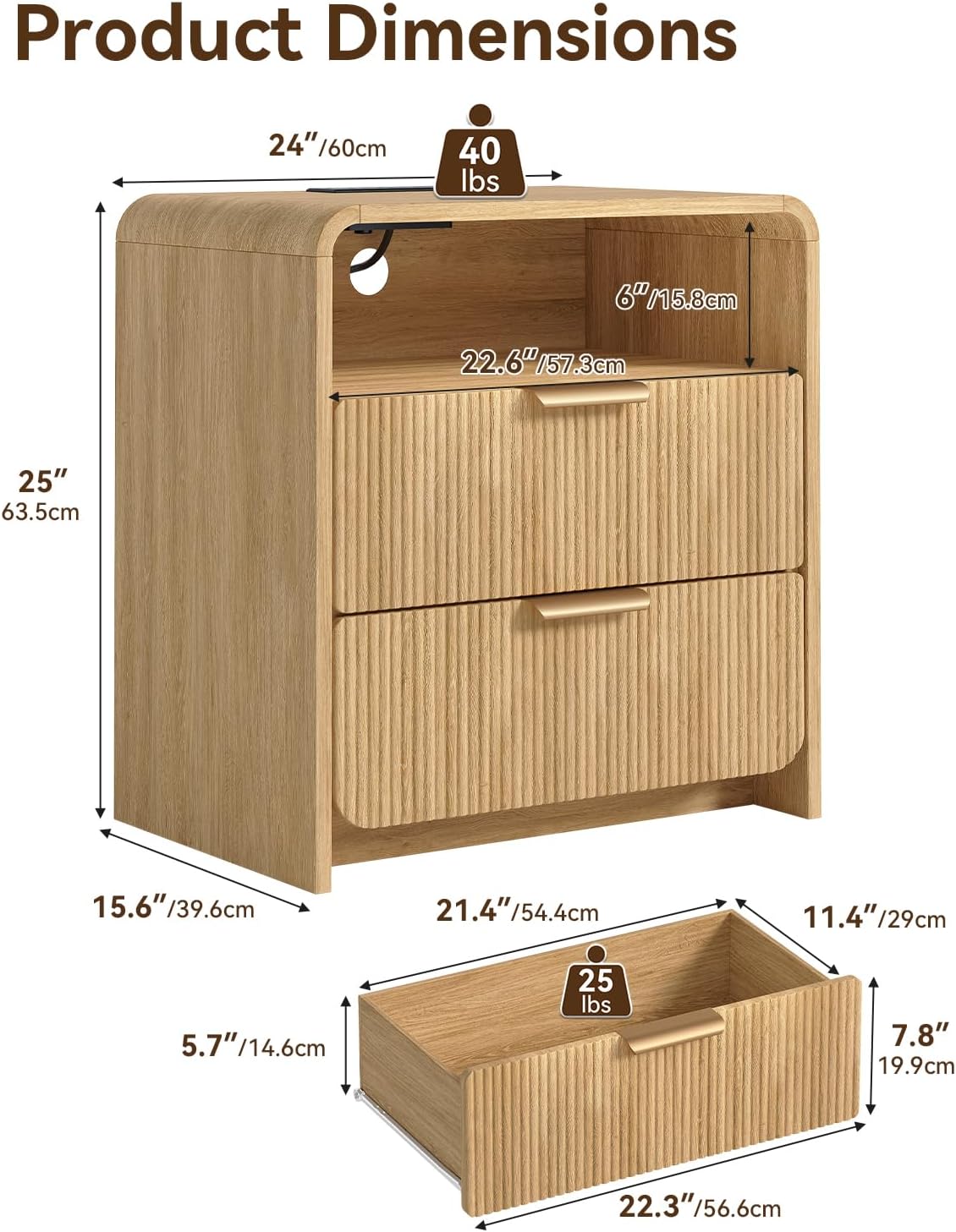 24" Fluted Nightstand Set of 2 with Charging Station, Bedside Table with Metal Handle, NightStand with 2 Drawer and Shelf, End Table for Bedroom, Curved Profile, Natural Oak