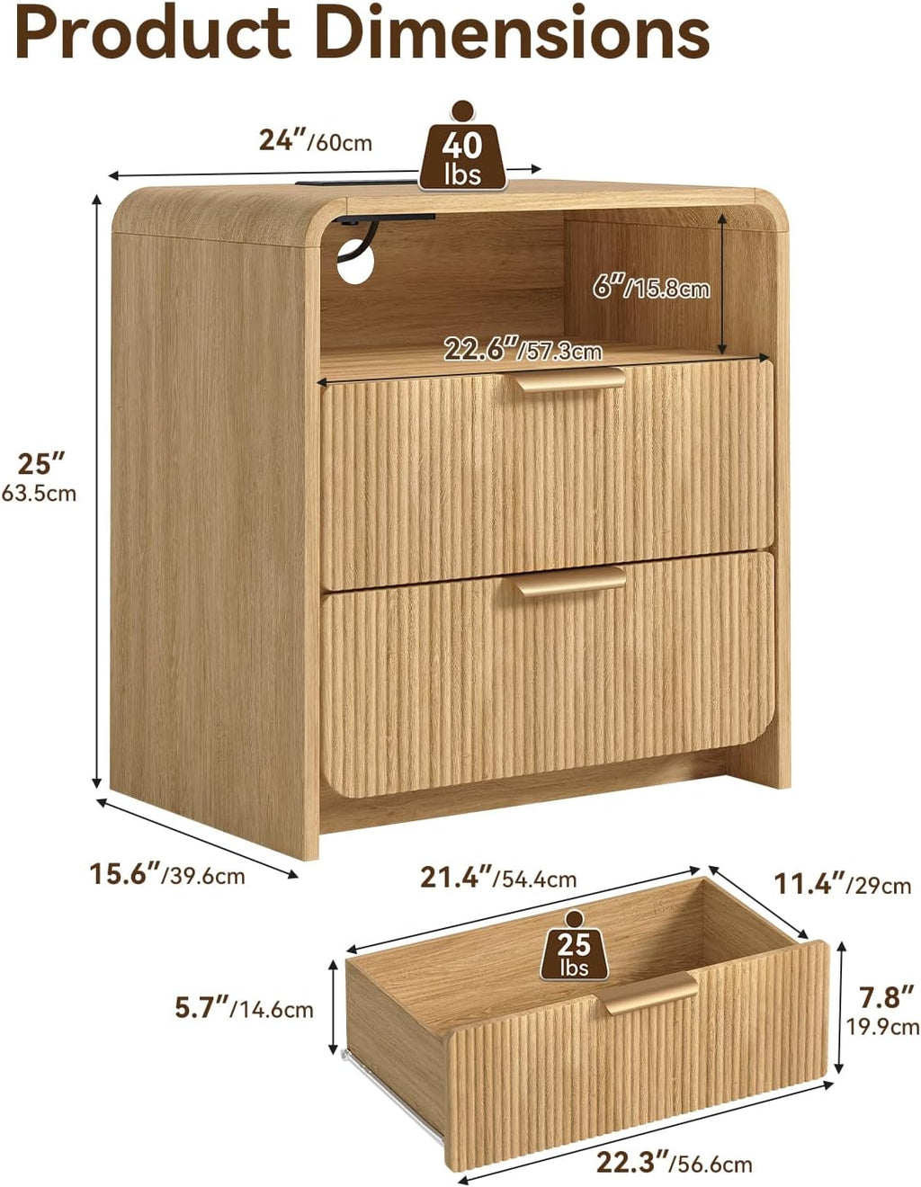 24" Fluted Nightstand Set of 2 with Charging Station, Bedside Table with Metal Handle, NightStand with 2 Drawer and Shelf, End Table for Bedroom, Curved Profile, Natural Oak
