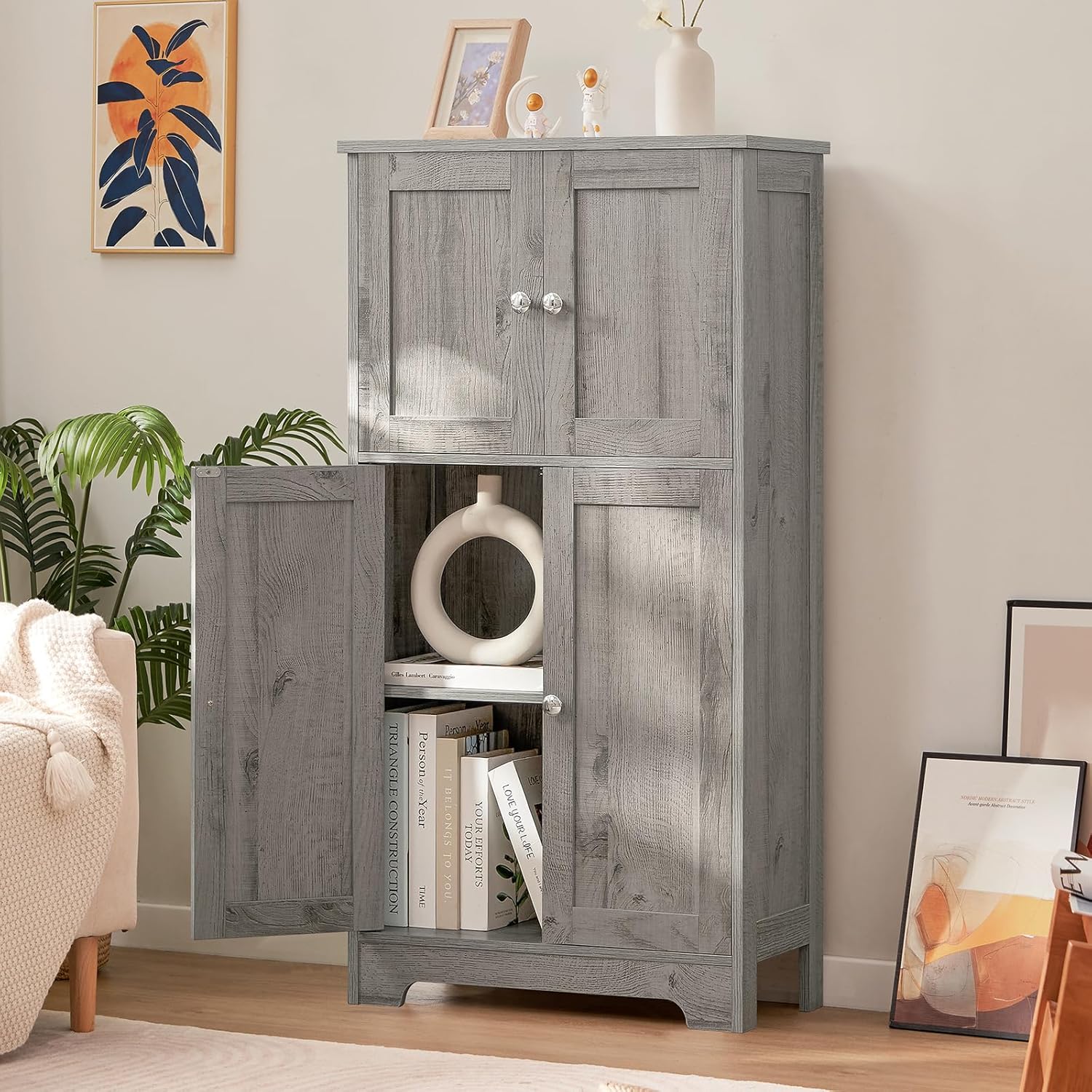 TEENFON Bathroom Floor Storage Cabinet, Freestanding Bathroom Storage Unit with 2 Adjustable Shelves & 4 Doors, 11.8 x 23.6 x 42.7 Inches, Grey