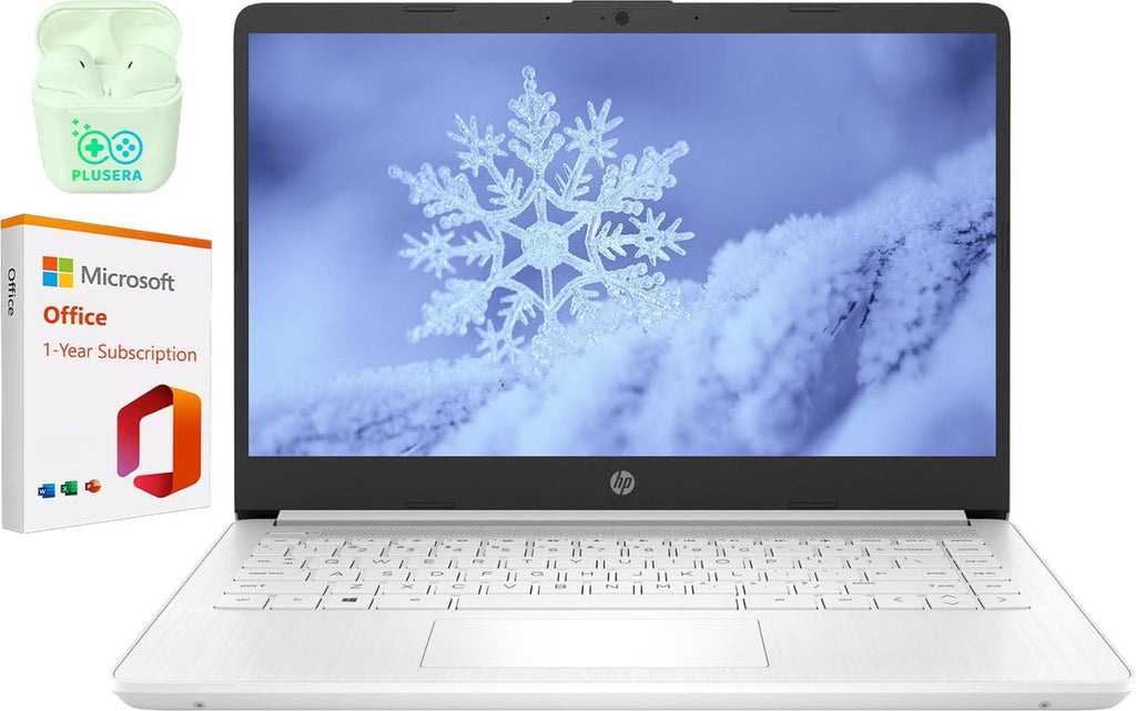 HP 14" Business & Student Laptop Computer with Microsoft Office 365 Included  Intel Quad-Core Processor  8GB RAM 320GB Storage (64GB eMMC+256GB SD Card)  Windows 11  PLUSERA Earphones  White