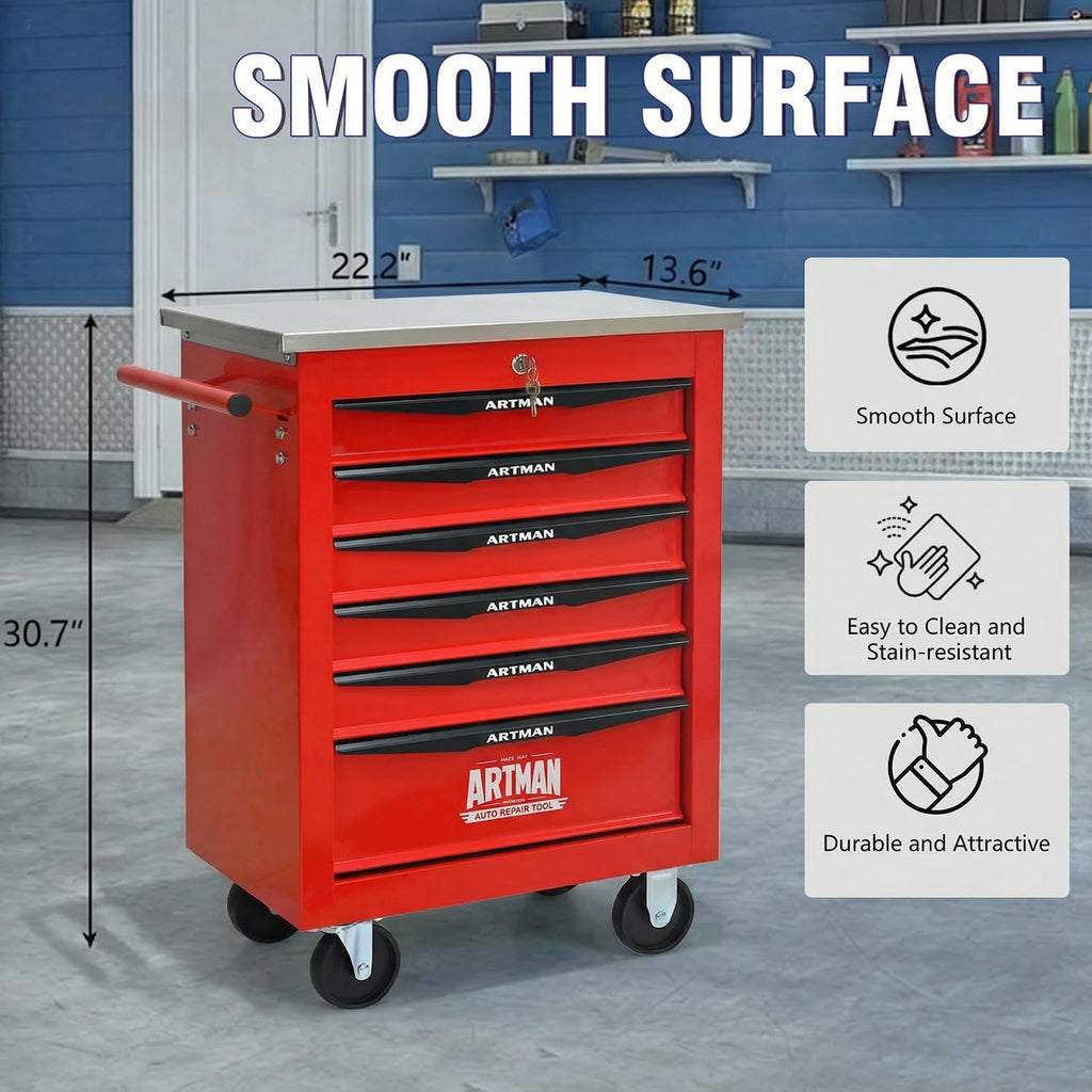 6-Drawer Rolling Tool Chest with Stainless Steel Countertop,Tool Chest with Secure Locking System,Mobile Storage Tool Cabinet with 360°Wheels and Padded Feet,for Home,Garage (Red)