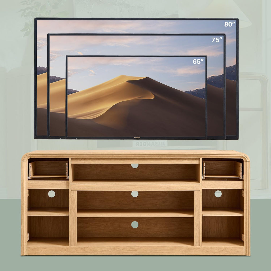 Modern TV Stand for 80 Inch TVs, 32"Tall Entertainment Center w/Storage Cabinet& drawers, Media Console Cabinet w/Soundbar &Adjustable Shelves for Living Room, Curved Profile Design, 70 inch (Natural)