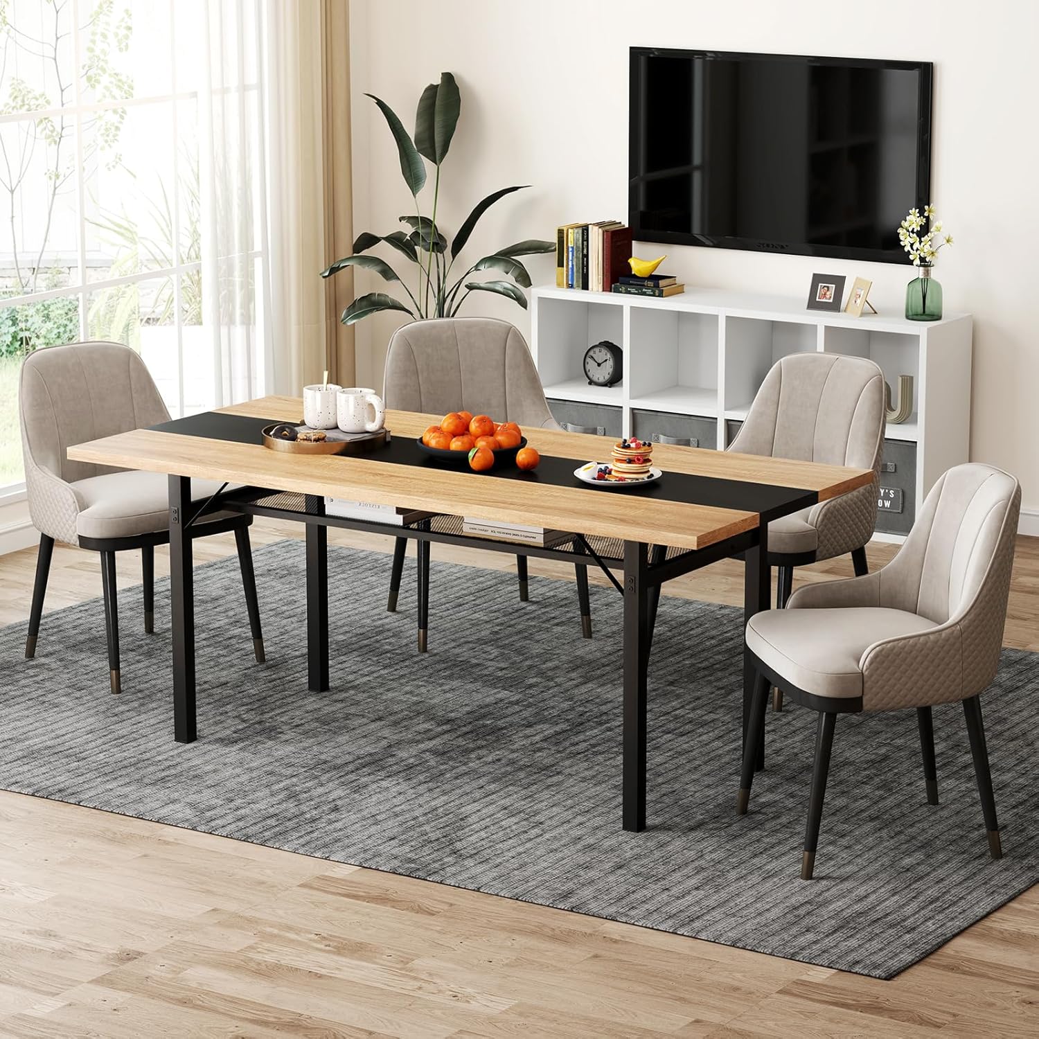 Giantex 71" Dining Table for 6-8 People, Large Kitchen Table with Heavy-Duty Metal Frame, Storage Rack, Industrial Rectangular Dinette Table for Dinner Dining Room Living Room Conference