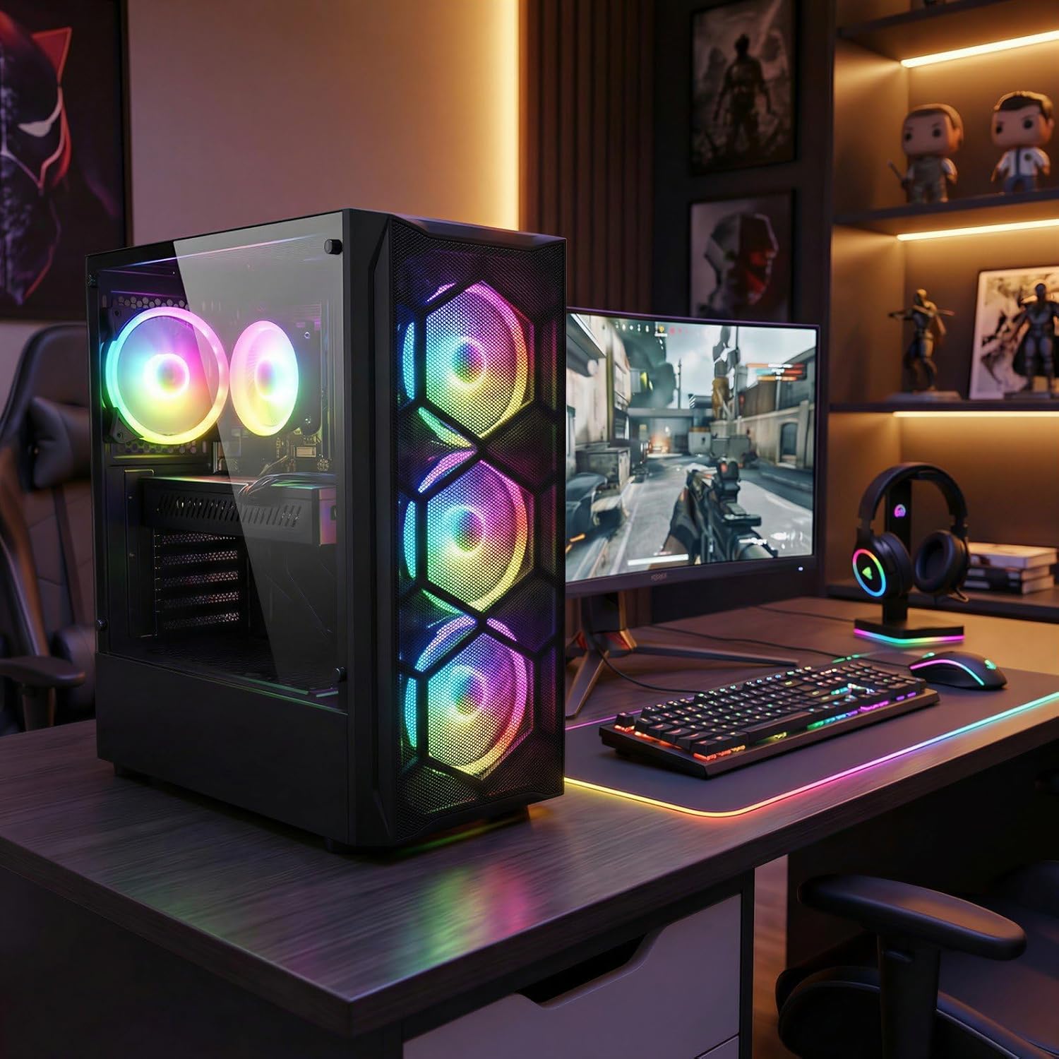STGAubron Gaming PC Desktop Computer  Intel Core i7 up to 3.9GHz  Radeon RX 580 8G  16G RAM  512G SSD  WiFi 6  BT 5.0  RGB Fan x4  Windows 11 Home