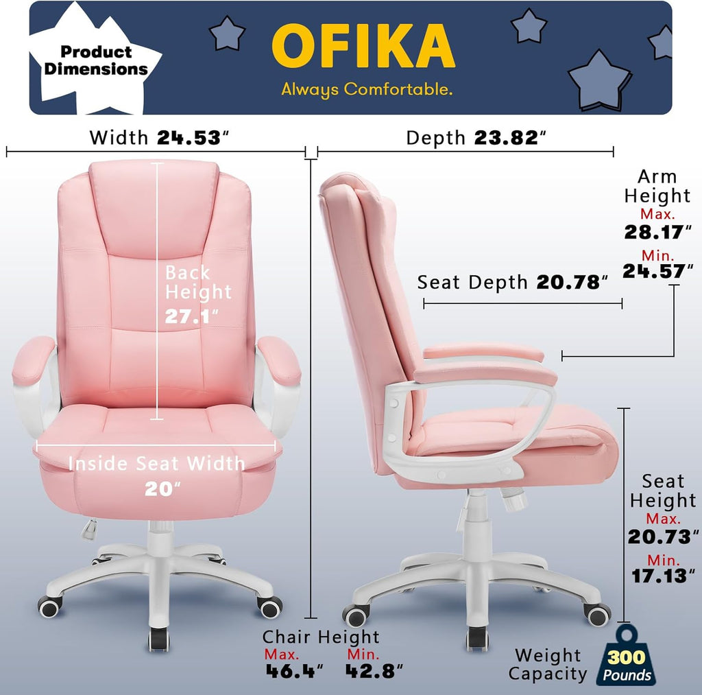 OFIKA Home Office Chair, Ergonomic Desk Chair, Adjustable Task Chair for Lumbar Back Support, Computer Chair with Rolling Swivel and Armrest, Modern Executive High Back Leather Chairs (Pink)