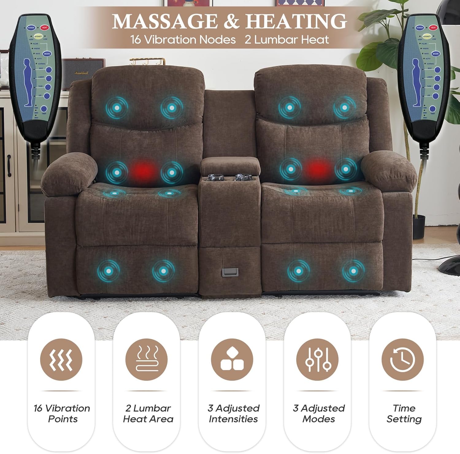 Loveseat Recliner Sofa, Manual Recliner Loveseat with Console, Modern Chenille Sofa Sleeper Deep Couches with Cup Holders and Side Pocket for Living Room/Office/Apartment (Brown)