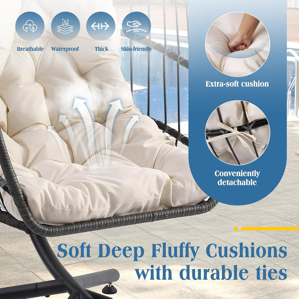 Hanging Egg Chair with Stand, Foldable Wicker Porch Swing Chair Outdoor Indoor, Heavy Duty Rattan Hammock Chairs with Cushion Headrest, Bedroom Balcony Patio Lounge Furniture, 350LBS (Beige)