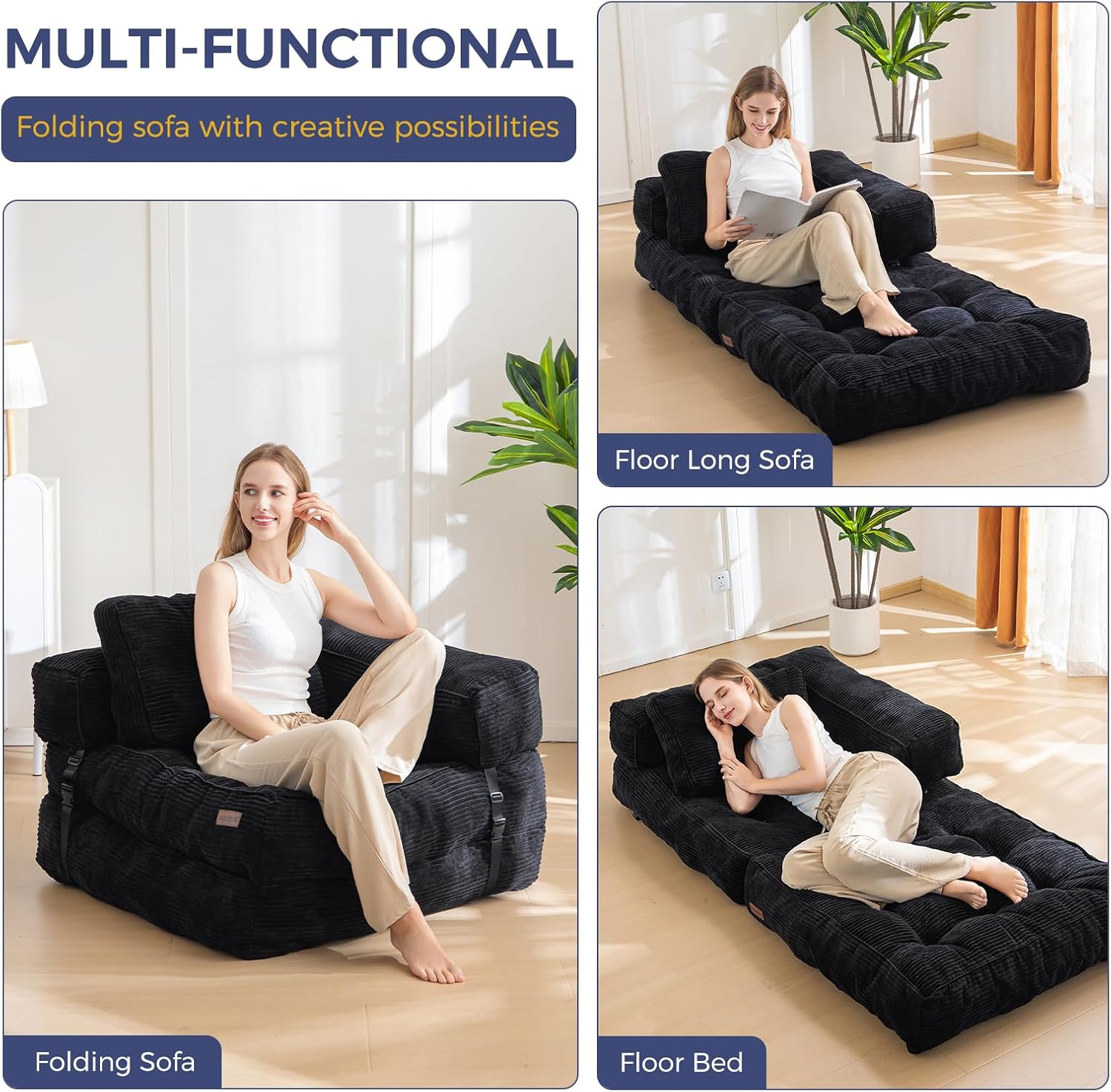 MAXYOYO Folding Sofa Bed, L-Shaped Convertible Sofa with Armrest Foldable Sleeper Bed with Pillow, Portable Fold Out Chair Comfy Floor Lounge for Living Room Bedroom, Black