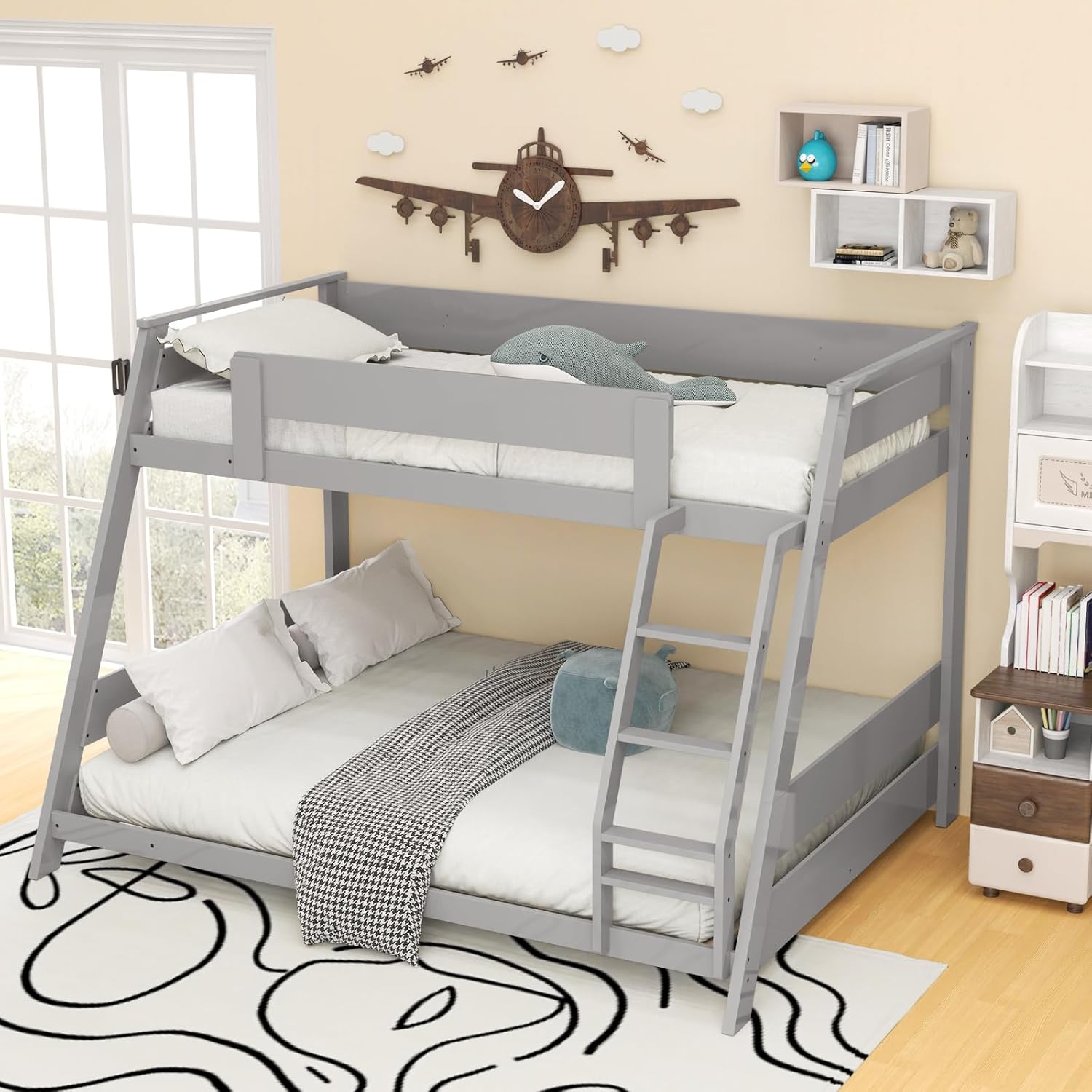 KOMFOTT Twin Over Full Convertible Bunk Bed with Reversible Ladder, Solid Wood Frame, Slats Support & Guardrails, No Box Spring Needed (Grey)