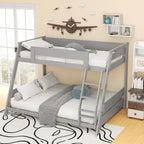 KOMFOTT Twin Over Full Convertible Bunk Bed with Reversible Ladder, Solid Wood Frame, Slats Support & Guardrails, No Box Spring Needed (Grey)