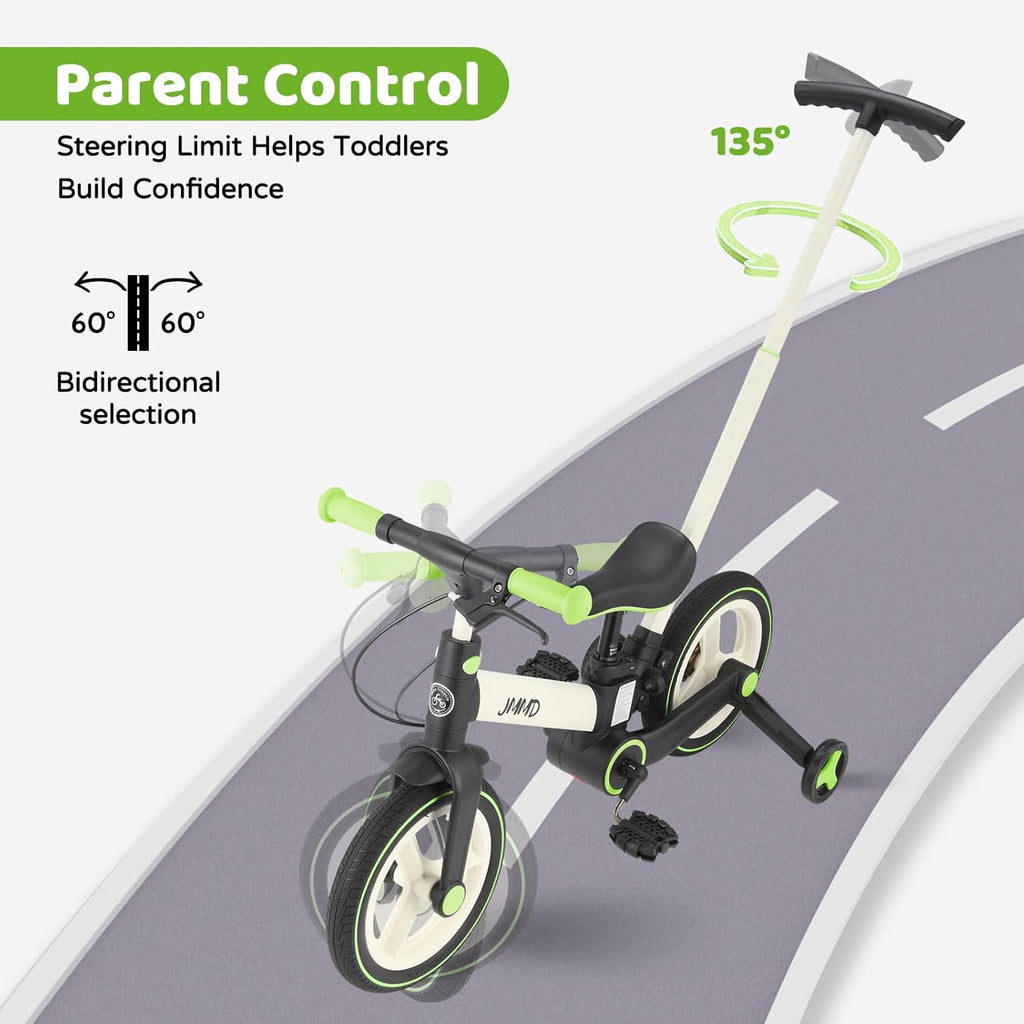 JMMD 6 in 1 Toddler Bike with Push Handle for Kids 18-60 Months, 12" Foldable Balance Bike with Training Wheels, Pedals, Brakes, Kickstand, Push Tricycle Toddler Gift & Toys for Boy & Girl