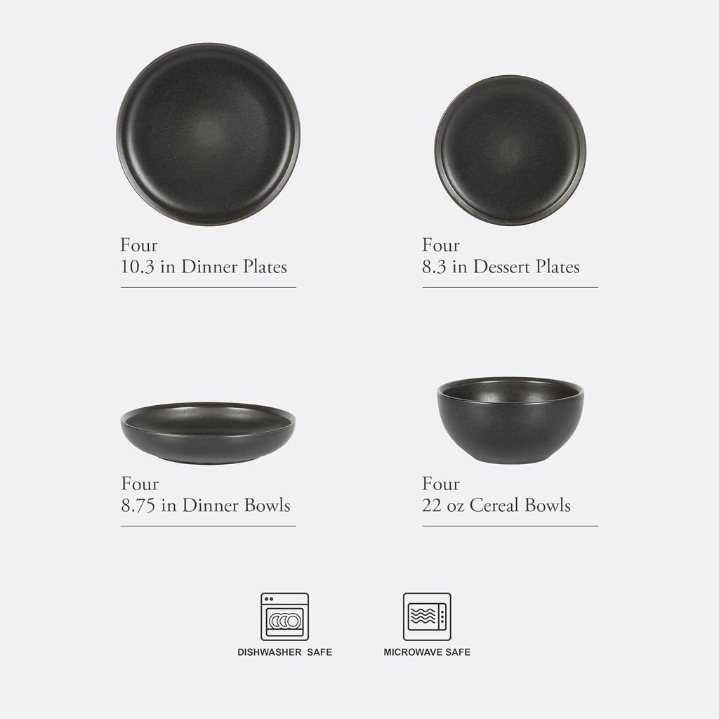 Gibson Elite Beckett Stoneware Matte Reactive Glaze 16 Piece (Service for 4) Plates and Bowls Dinnerware Set - Black