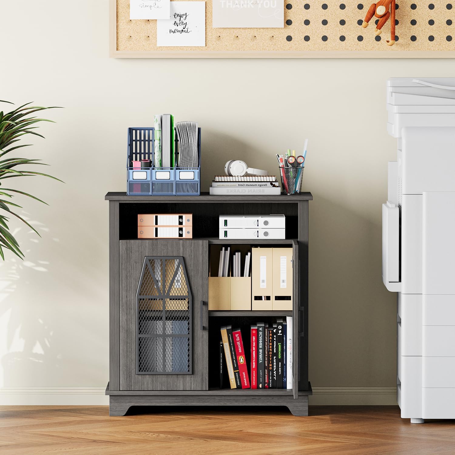 Farmhouse Storage Cabinet, Rustic Sideboard with Industrial Iron Mesh Door, Buffet Cabinet with Storage, Multipurpose Side End Table for Entryway, Dining Room, Kitchen, Black