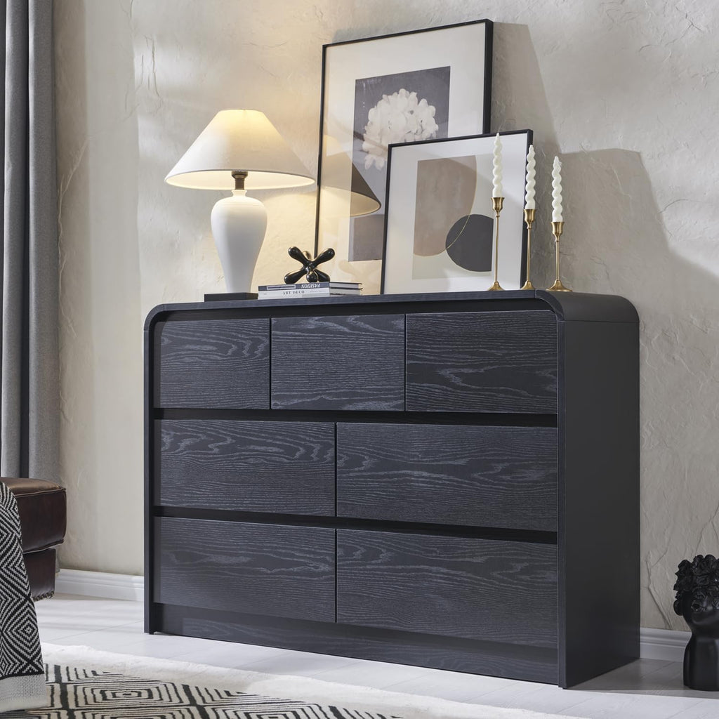 Modern 7 Drawers Dresser for Bedroom, 47" Wide Wood Dressers & Chests of Drawers w/Curved Profile Design, Mid Century Modern Dresser w/Natural Texture for Bedroom, Living Room, Black