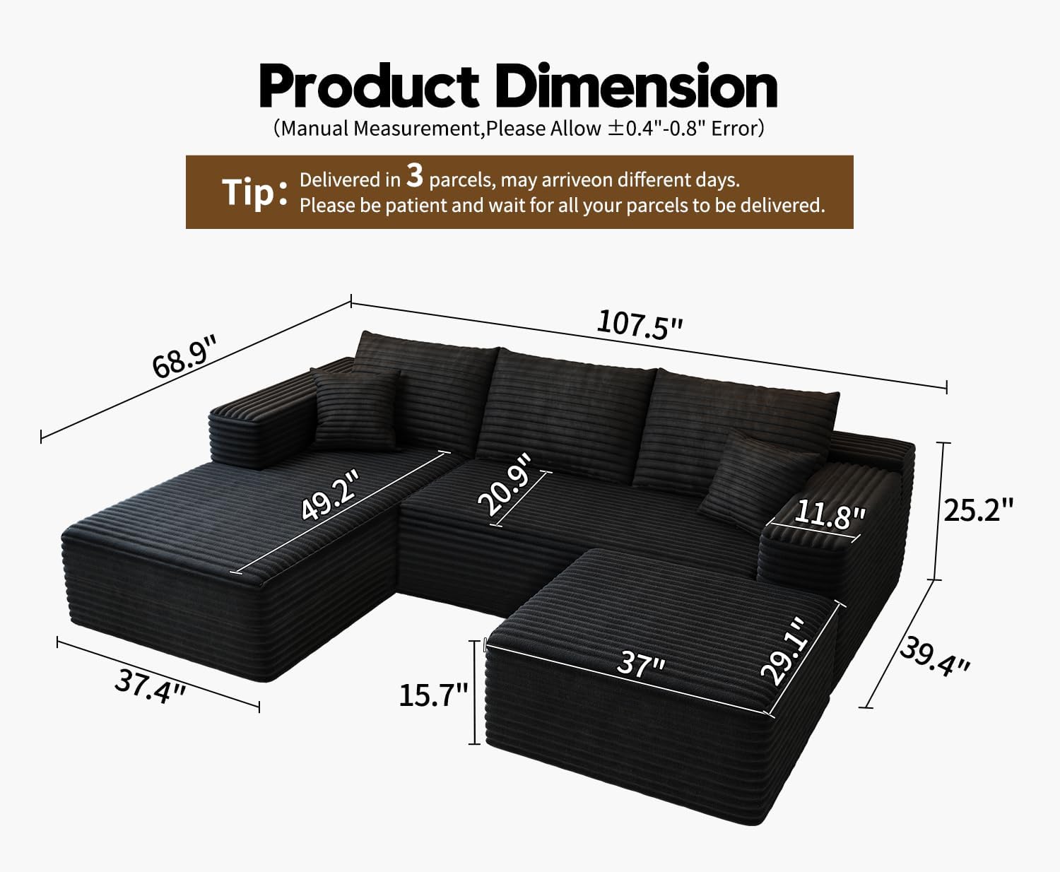 107.5" Cloud Modular Sectional Sofa with 1 Ottoman,Modern Minimalist Upholstered Couches, Comfort U Shaped Sofa for Living Room,Deep Seat Corner Couch .No Assembly Required (Black,Left Facing Chaise)