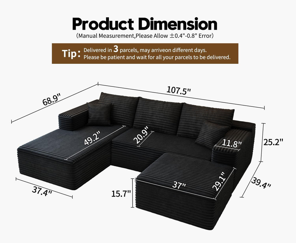 107.5" Cloud Modular Sectional Sofa with 1 Ottoman,Modern Minimalist Upholstered Couches, Comfort U Shaped Sofa for Living Room,Deep Seat Corner Couch .No Assembly Required (Black,Left Facing Chaise)