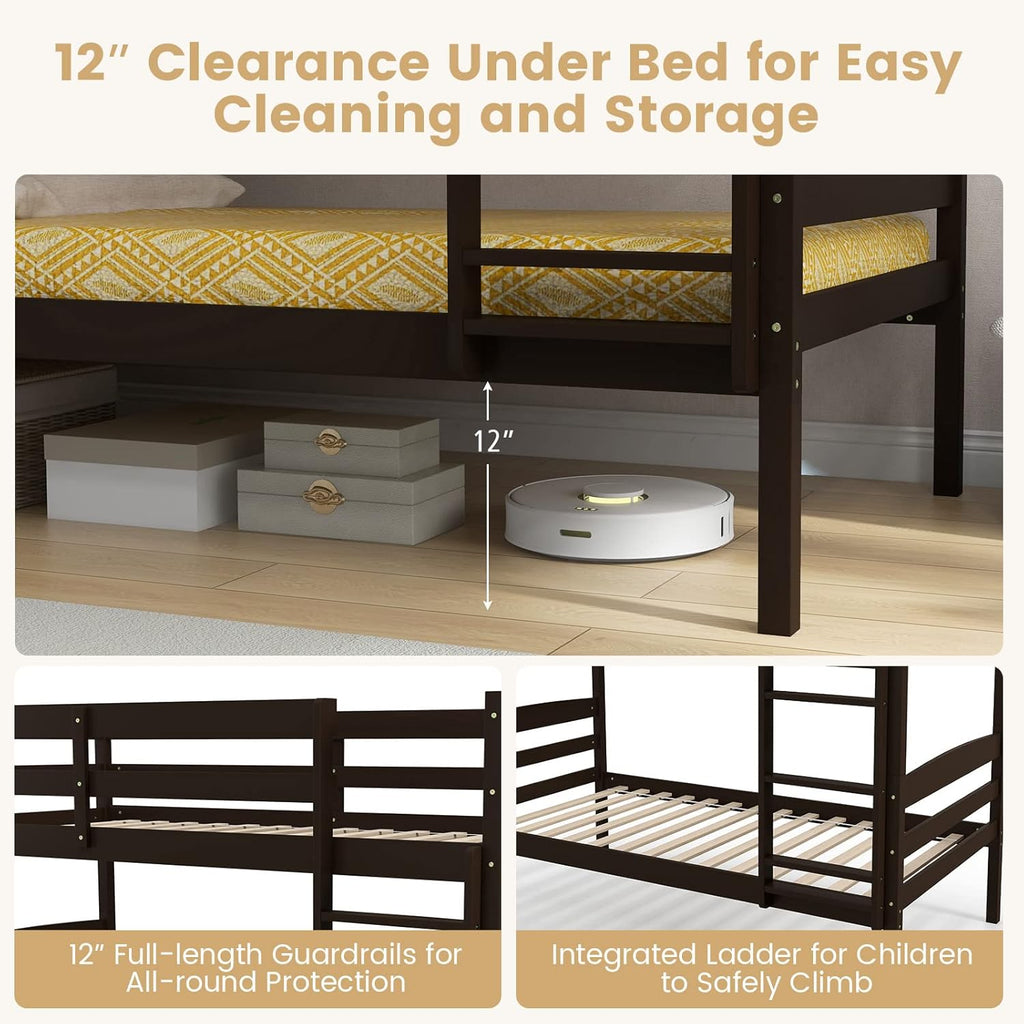 KOMFOTT Bunk Bed Twin Over Twin, Bunk Bed Frame w/Full-Length Guardrail & Integrated Ladder, Wood Bunk Bed for Small Space, Converts to 2 Individual Beds for Kids & Adults, No Box Spring Needed