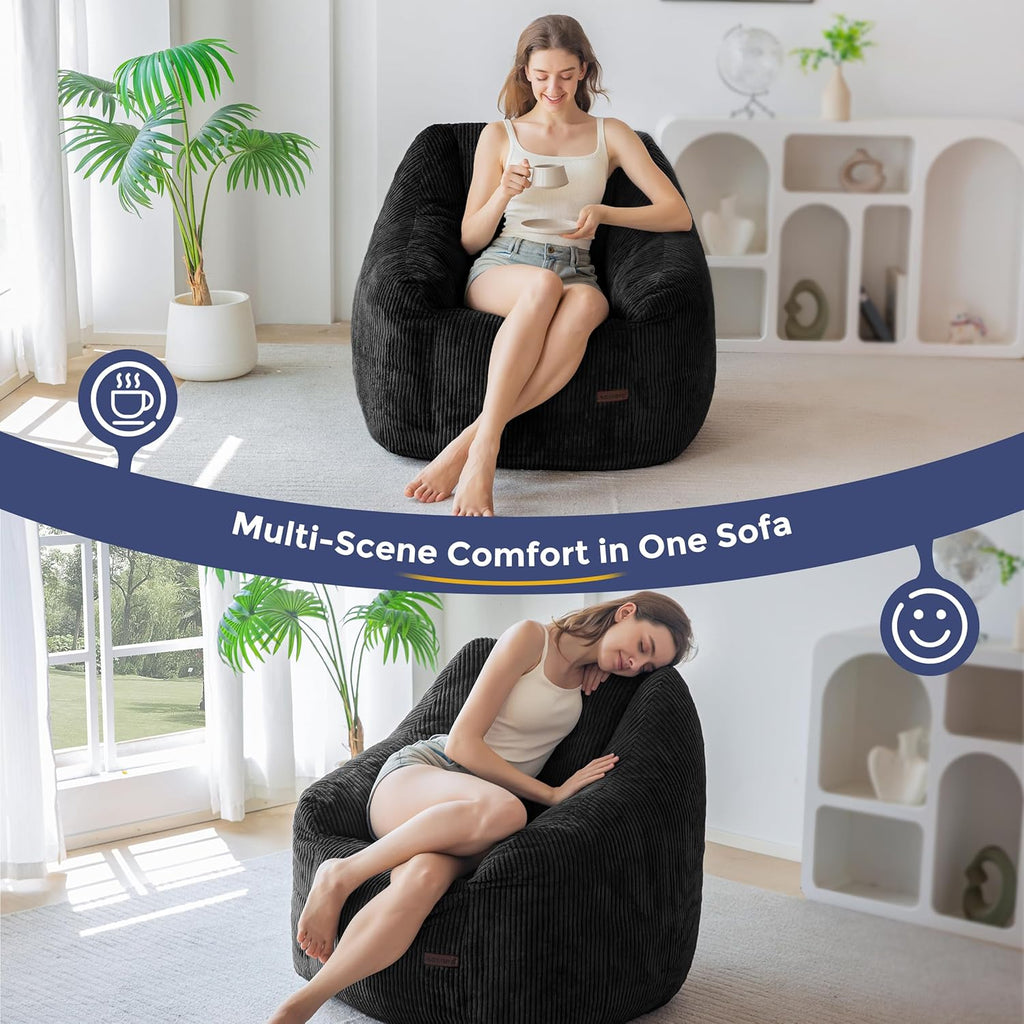 MAXYOYO Bean Bag Chair, Bean Bag Sofa with Filler, Cozy Living Room Chair for Adults and Kids, Stuffed Floor Sofa for Bedroom Dorm Reading, Black