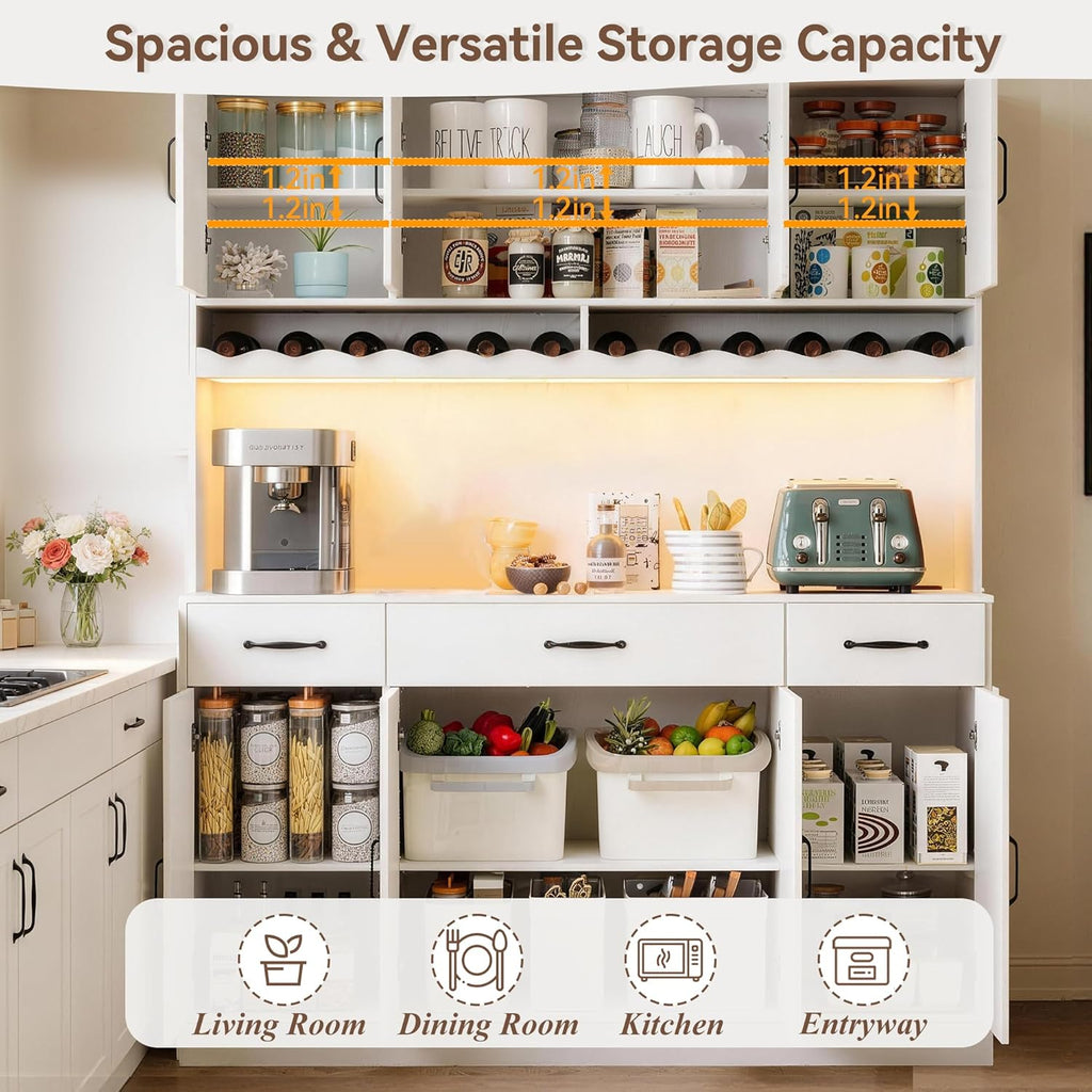 72" Tall Kitchen Pantry Cabinet with Charging Station 55" Wide Kitchen Hutch Cabinet with LED Light and Countertop Large Kitchen Pantry Storage Cabinet With Adjustable Shelves and Wine Rack