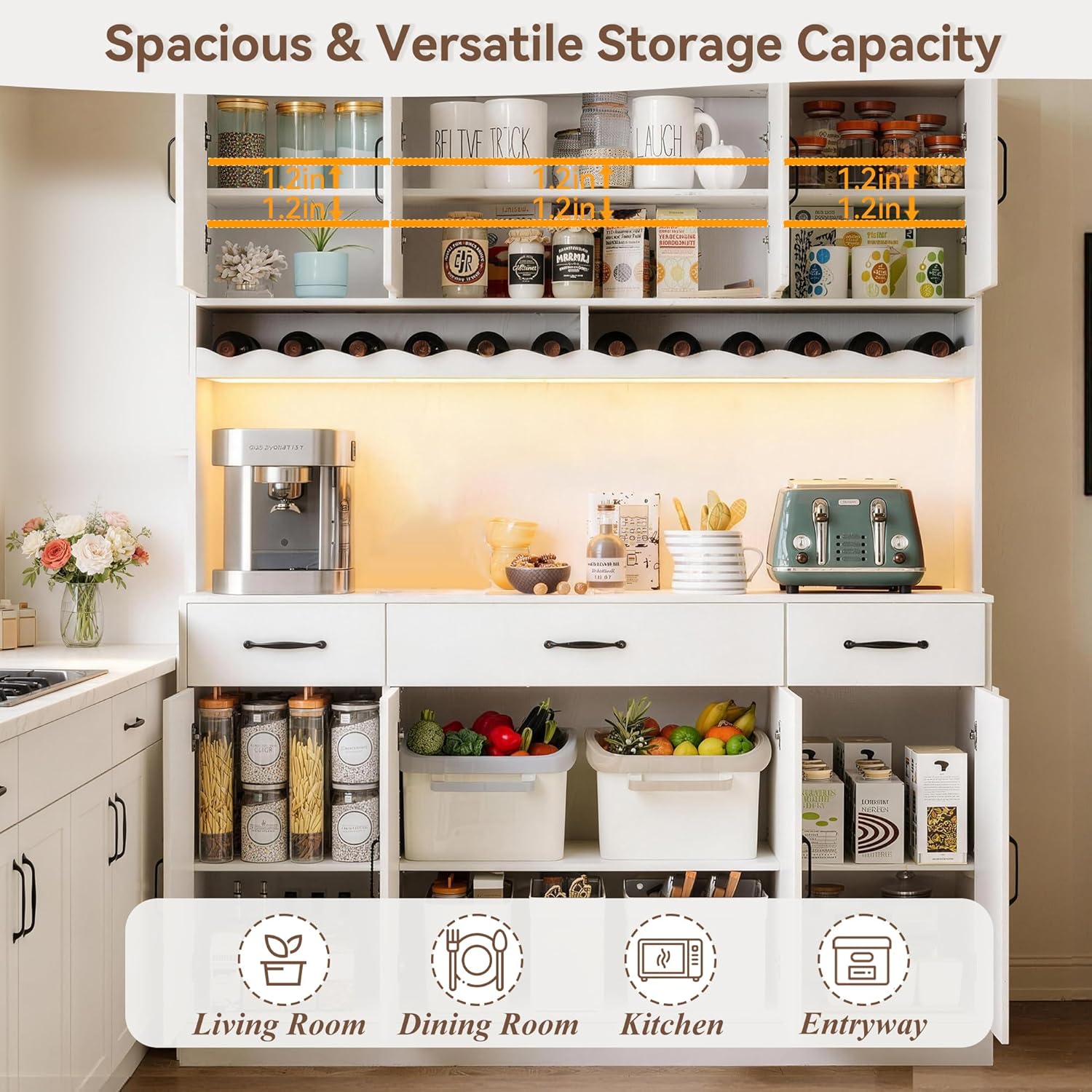 72" Tall Kitchen Pantry Cabinet with Charging Station 55" Wide Kitchen Hutch Cabinet with LED Light and Countertop Large Kitchen Pantry Storage Cabinet With Adjustable Shelves and Wine Rack