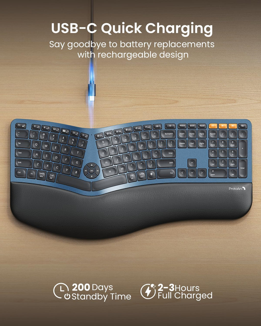 ProtoArc Backlit Bluetooth Ergonomic Keyboard, EK01 Plus Full Size Wireless Split Keyboard with Dual Bluetooth and USB, Cushioned Wrist Rest, Rechargeable, Compatible with Windows/Mac/Android, Blue