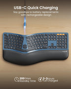 ProtoArc Backlit Bluetooth Ergonomic Keyboard, EK01 Plus Full Size Wireless Split Keyboard with Dual Bluetooth and USB, Cushioned Wrist Rest, Rechargeable, Compatible with Windows/Mac/Android, Blue