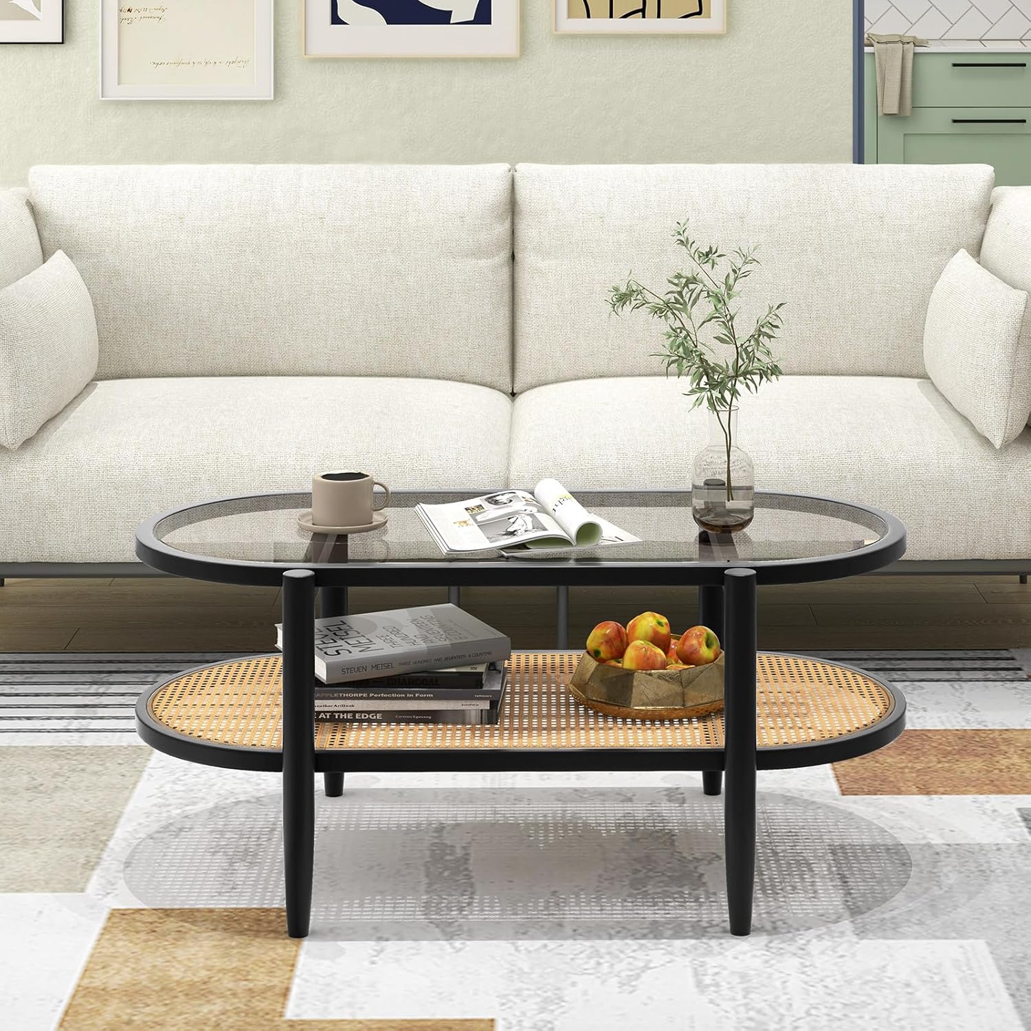 Giantex Rattan Coffee Table, 2-Tier Oval Wood Tea Table with Tempered Glass Tabletop & PE Rattan Storage Shelf, 40" Boho Cocktail Tables, Mid Century Modern Center Table for Living Room Office, Black