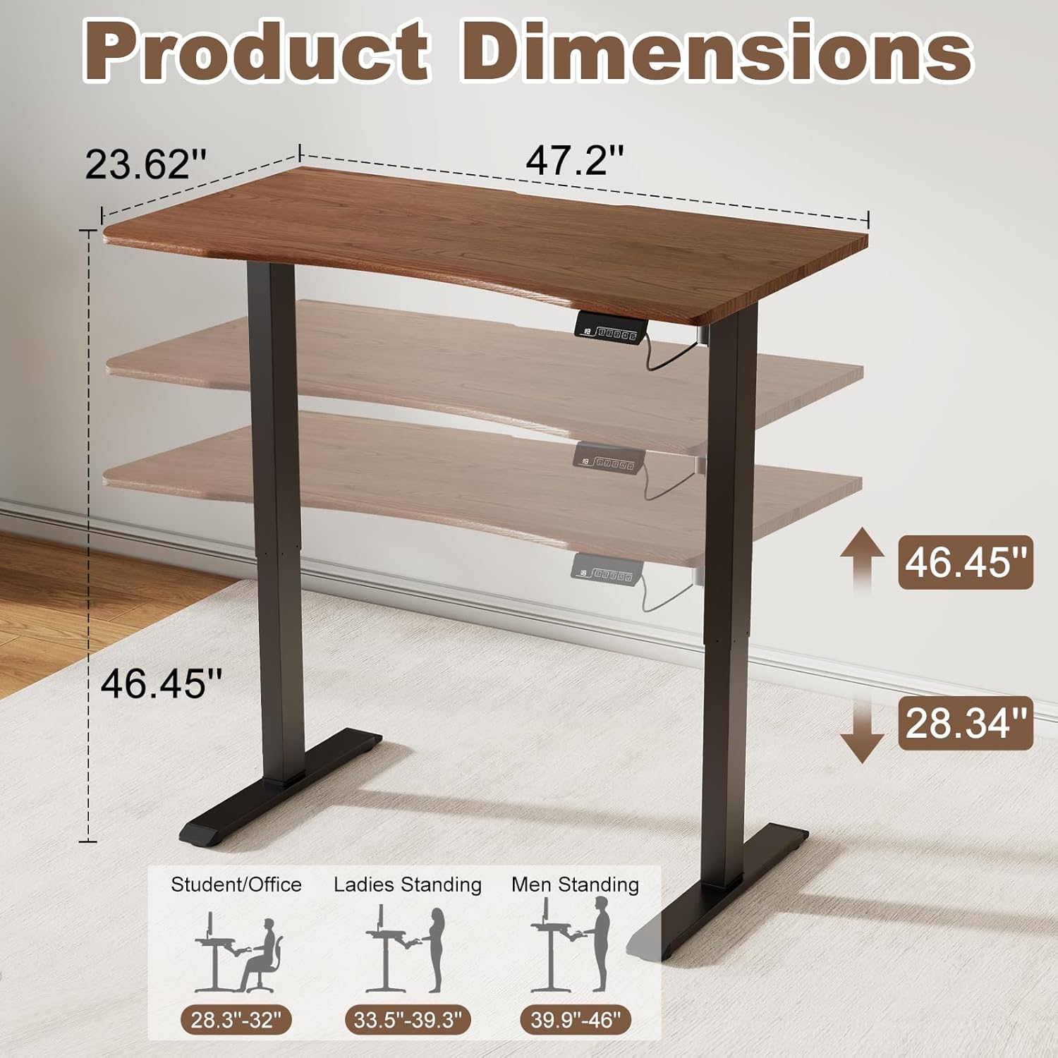 Solid Wood Electric Standing Desk 47"x23.6"Home Office Desk,Adjustable Workbench with 3 Stages Dual Motor, Computer Workstation with T-Shaped Metal Bracket,Walnut Standing Table for Gaming Room(1 Box)
