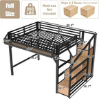 Bellemave Loft Bed Full Size with Storage Stairs, Beside Shelf & Wardrobe, Metal Full Size Loft Bed with USB Ports & LED Light, Large Under-Bed Space Loft Beds for Adults, Teens, Kids, Black Natural