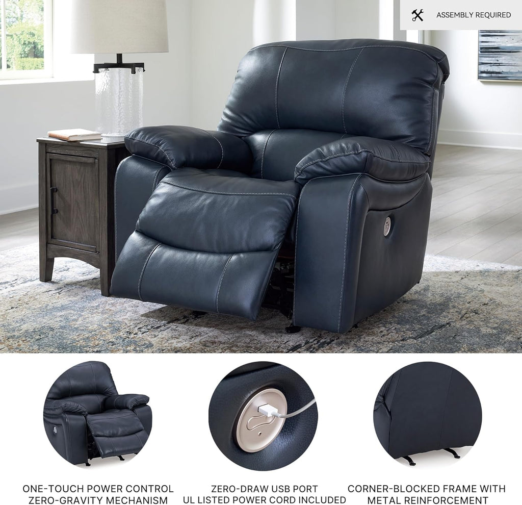 Signature Design By Ashley Leesworth Modern Power Rocker Recliner, USB Port, Gentle Rocking, Top Grain Leather and Matched Leather, 41" W x 41" D x 41" H, Blue