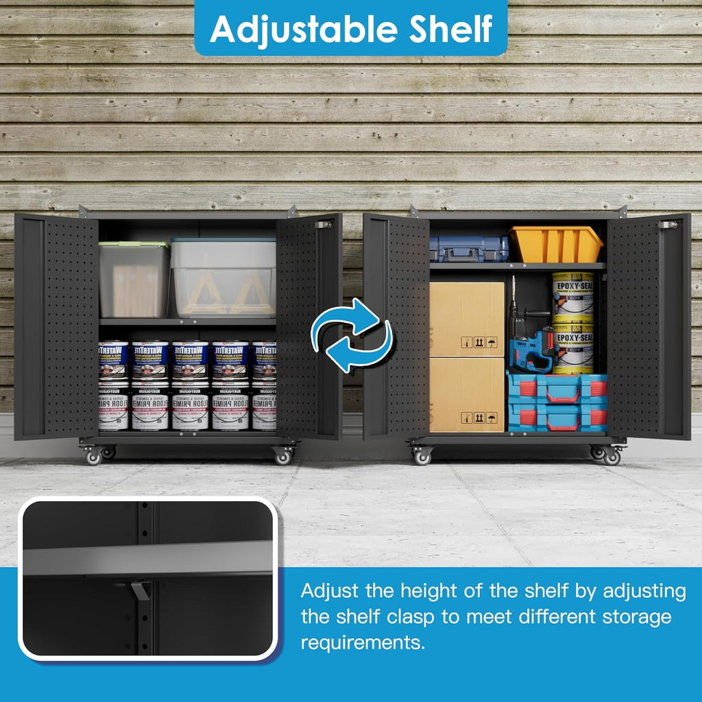 Metal Storage Cabinet on Wheels,Lockable Garage Storage Cabinet with Wheels Pegboard Pushing Hand for Office Home Warehouse, Assembly Required, Black,13.8 "D x 26" W x 31.5" H