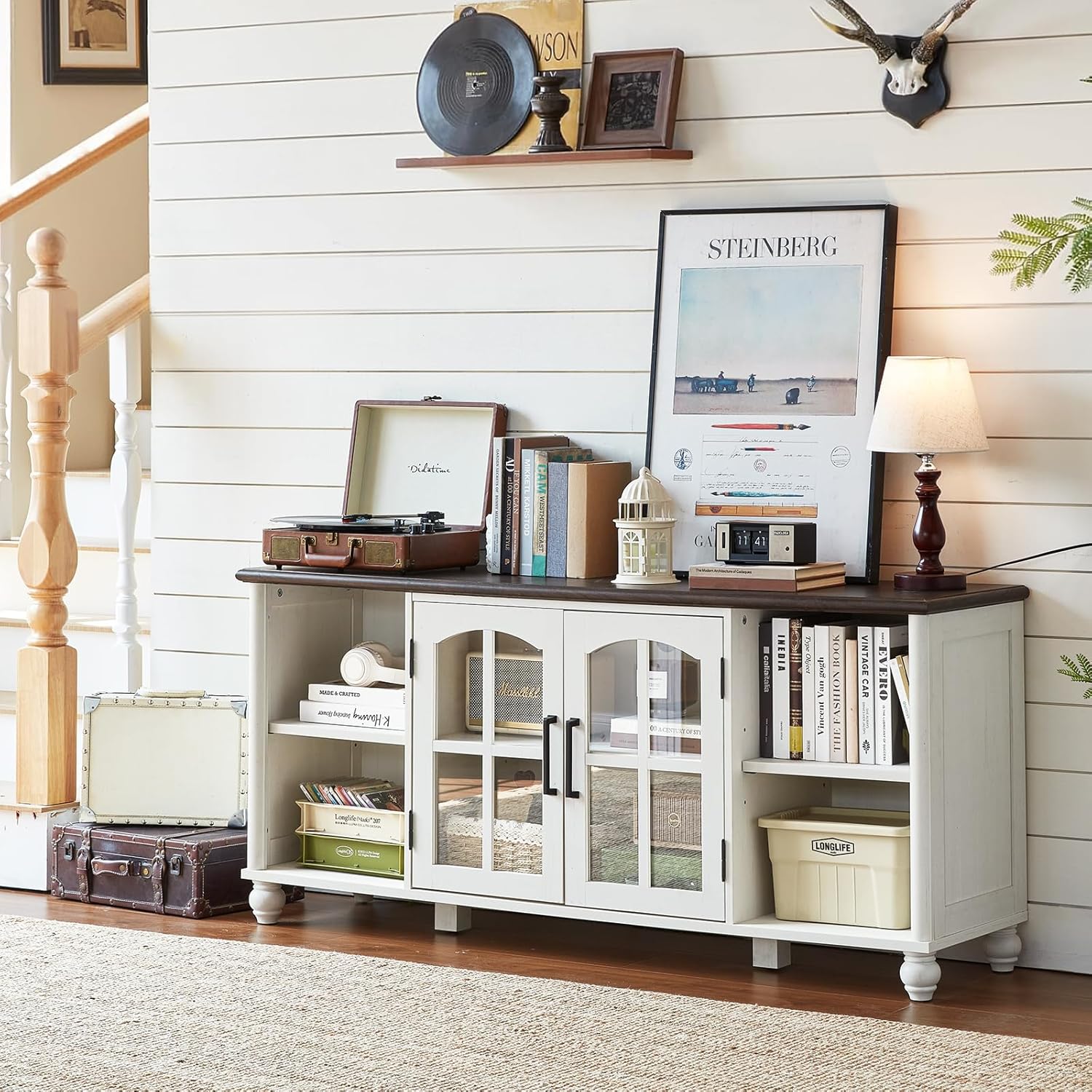 Farmhouse TV Stand for 60 Inch TV, Wood Entertainment Center with Glass Door Storage Cabinet & Adjustable Shelves,Television Stands for 65" TVS, TV Console Table for Living Room,Bedroom,White