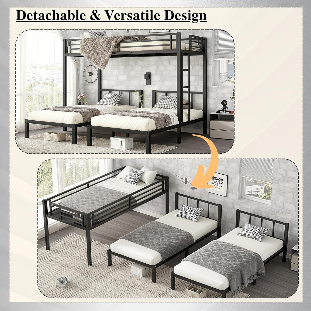 Bellemave Triple Bunk Bed for Kids, Detachable Twin Over Twin Over Twin Metal Bunk Bed with Guardrails, Ladder & Storage, Converts to 3 Separate Twin Beds, Easy to Assemble (3 Bunk Beds for Kids)