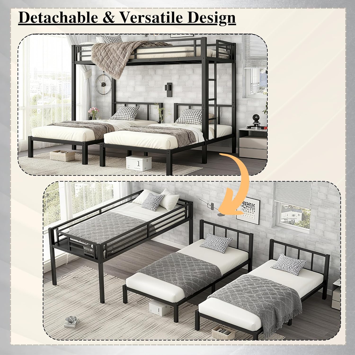 Bellemave Triple Bunk Bed for Kids, Detachable Twin Over Twin Over Twin Metal Bunk Bed with Guardrails, Ladder & Storage, Converts to 3 Separate Twin Beds, Easy to Assemble (3 Bunk Beds for Kids)