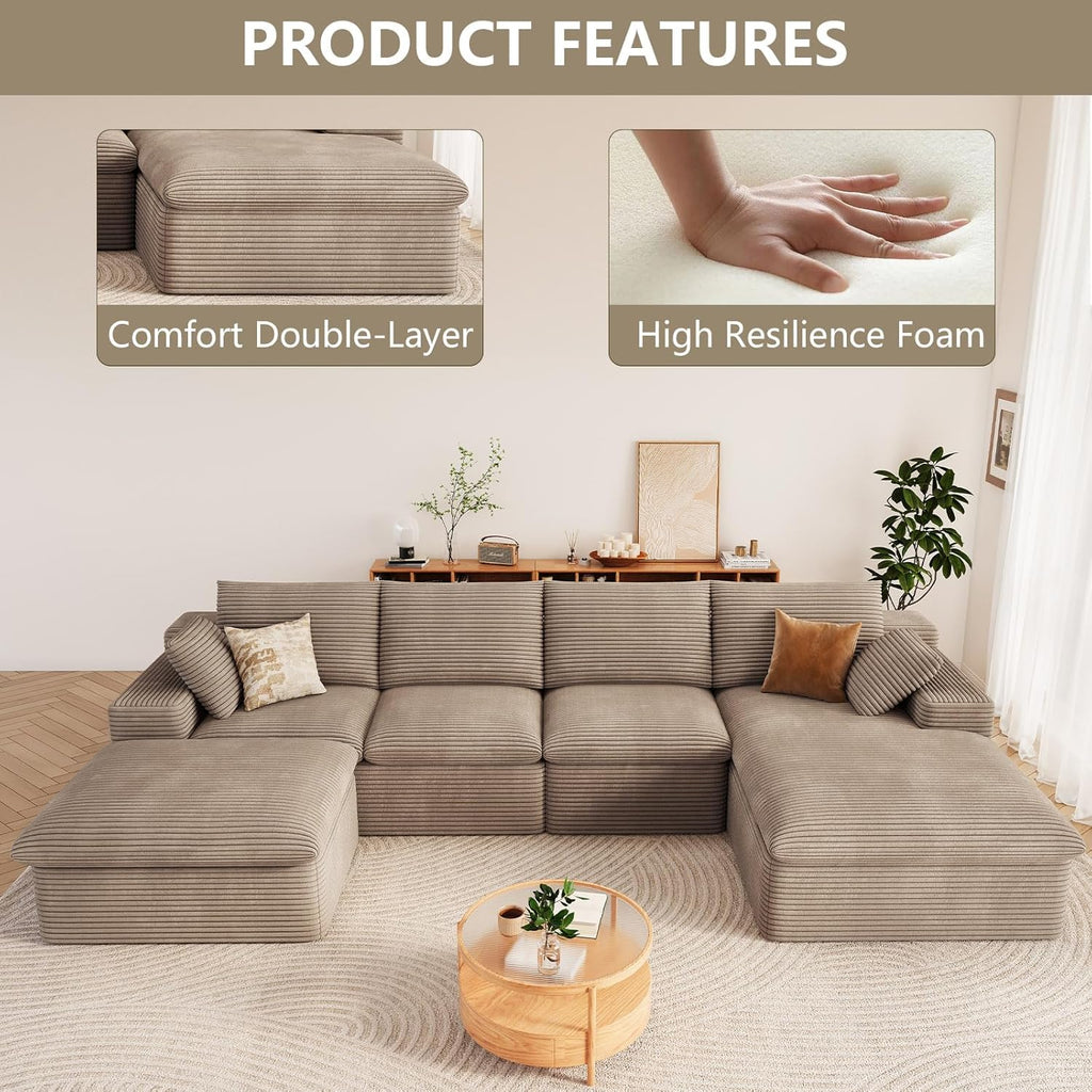 136" Cloud Couch Modular Sectional Couchs with Chaise Lounge, U-Shape Boneless Couches with Ottoman for Living Room, Corduroy Sofa with Deep Seat, No Assembly Required (Camel, Right Facing Chaise)